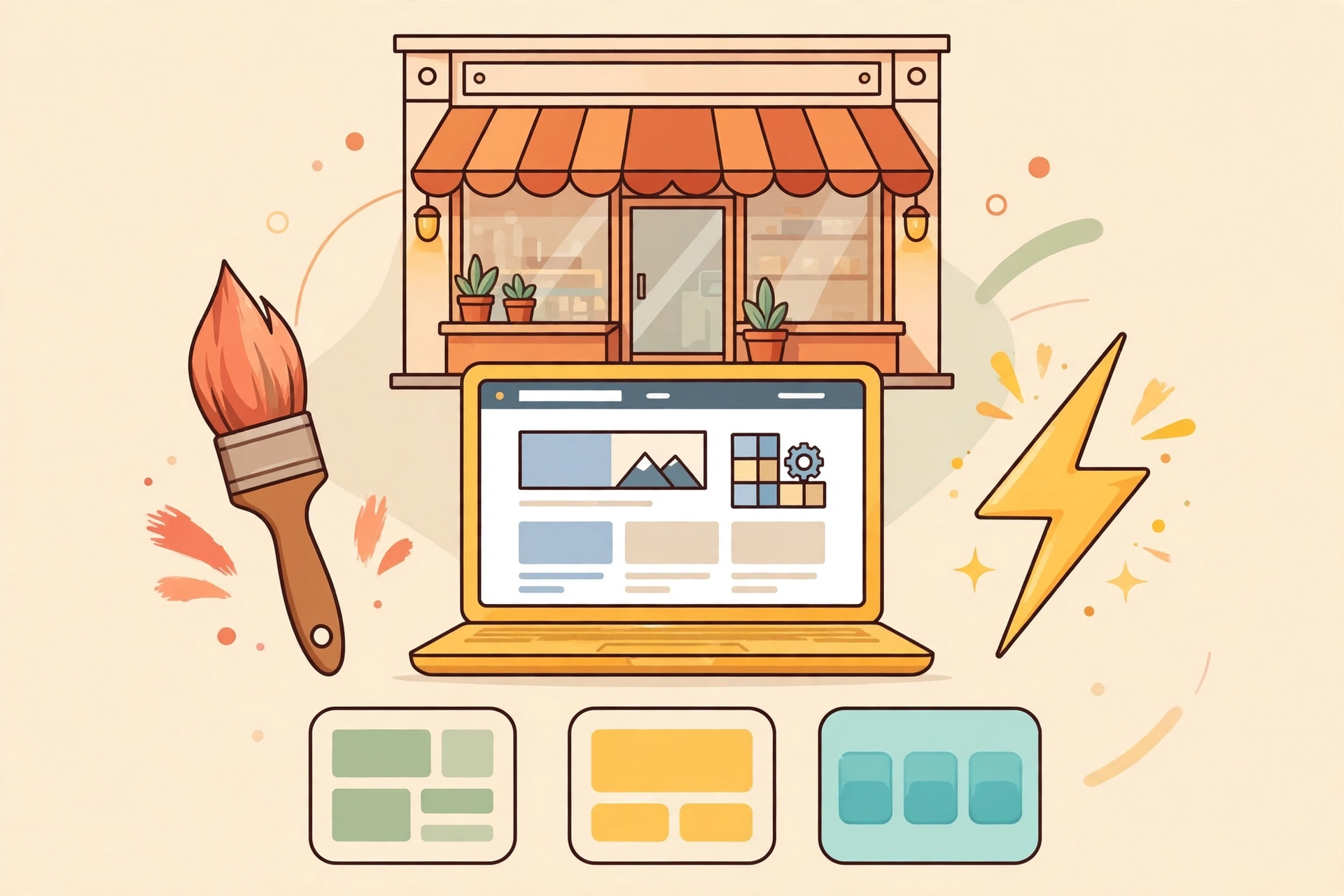Flat vector illustration of a small business laptop building a website, with a paintbrush for design freedom and a lightning bolt for AI speed