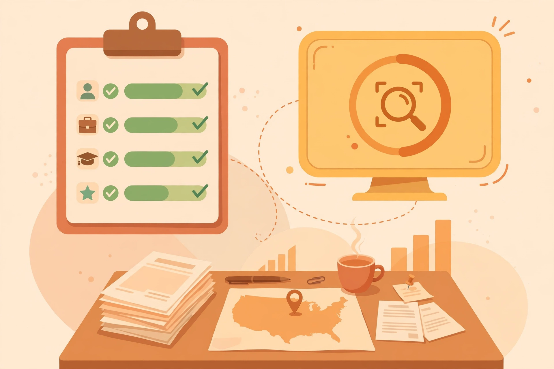 Flat vector illustration of a resume checklist clipboard beside an ATS scanner screen with a progress gauge and a recruiter's desk