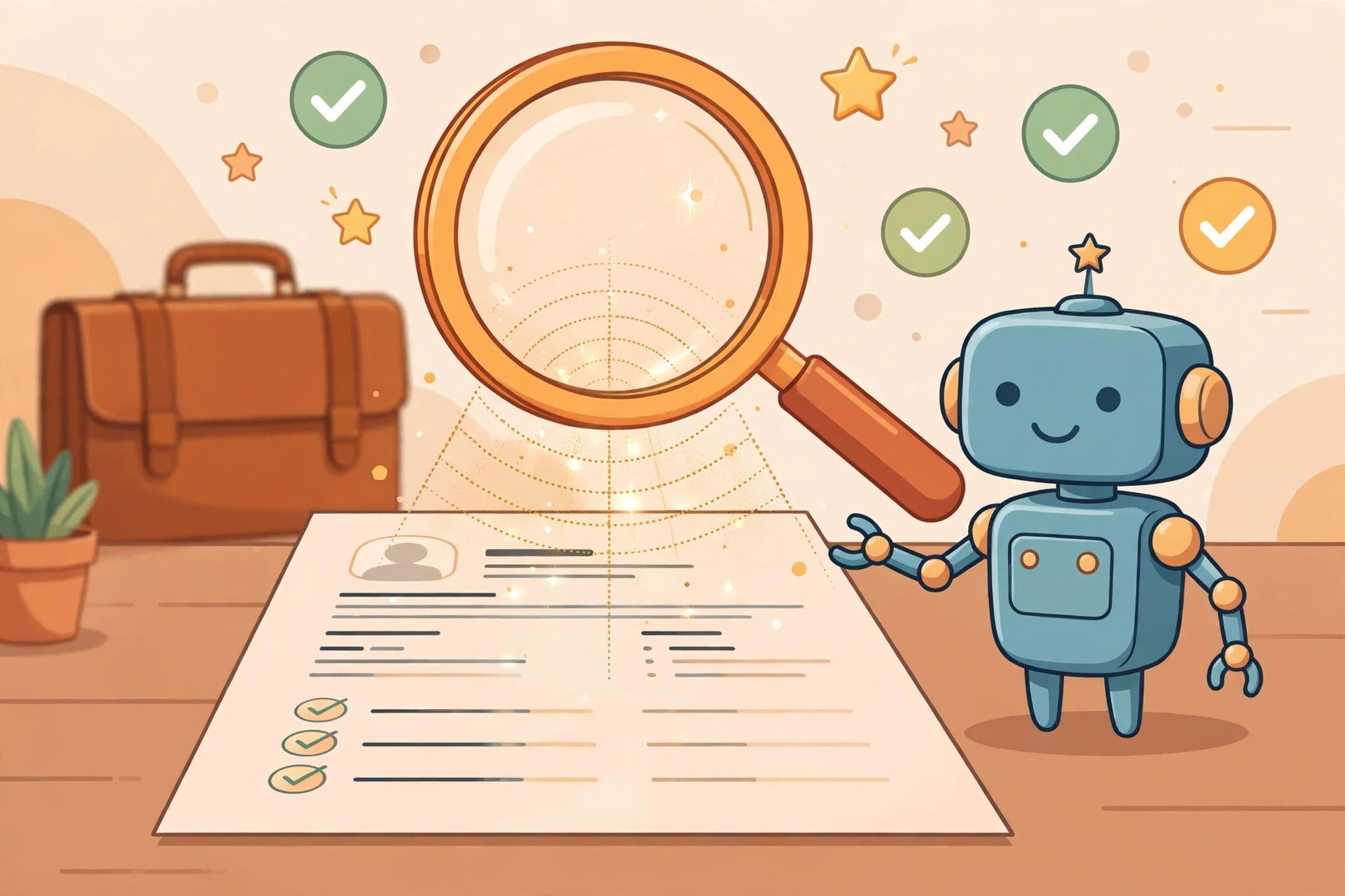 Flat vector illustration of a professional resume being scanned by a magnifying glass with an AI robot assistant, checkmarks and stars floating around