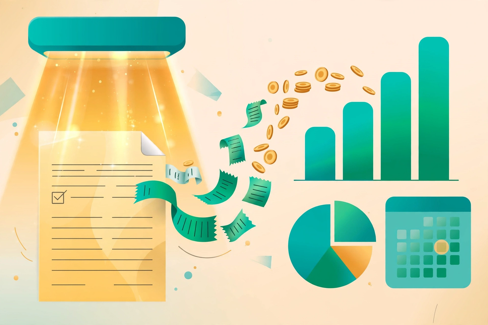 A smartphone scanning a paper invoice beside an automatically generated expense report