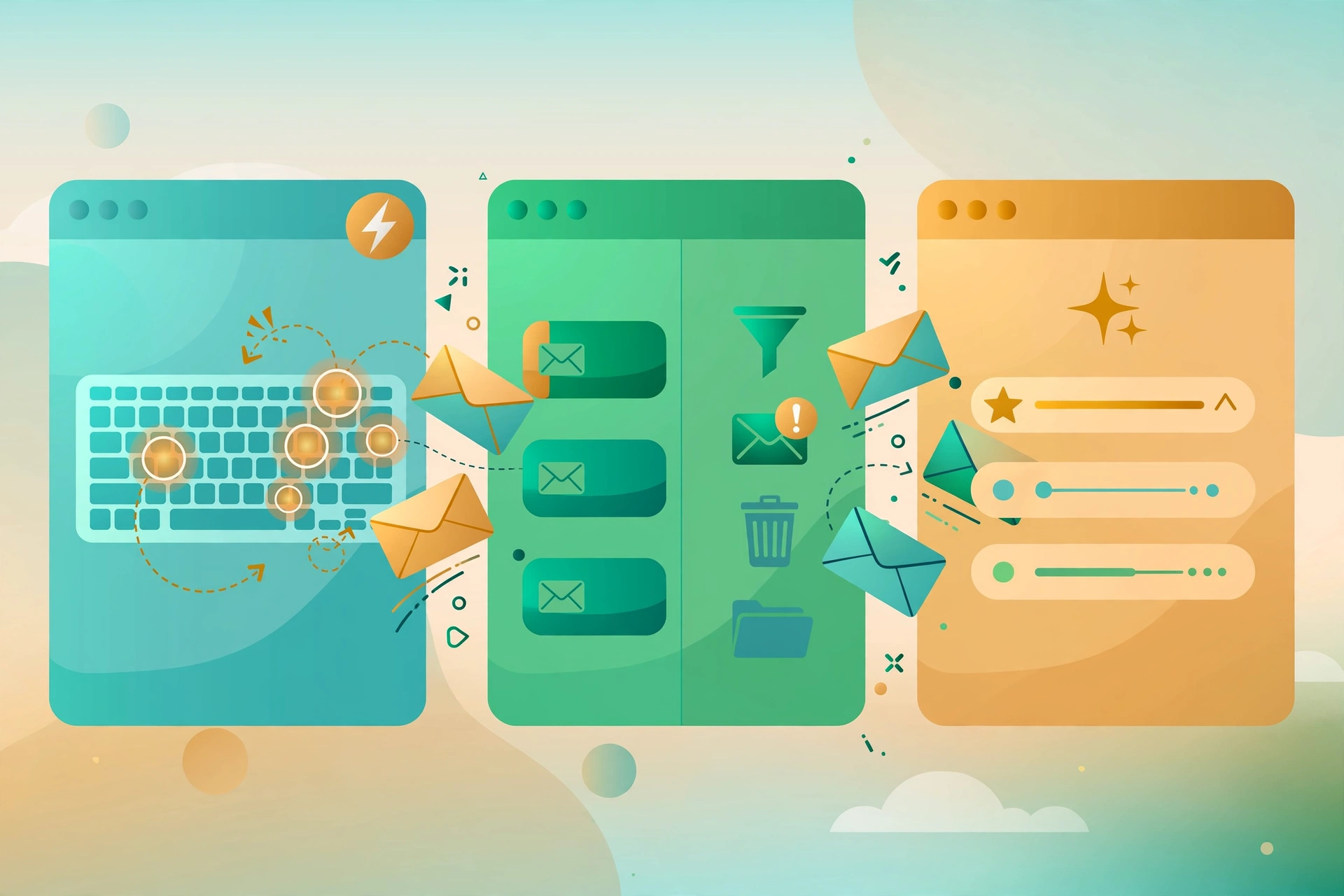 Three email tools compared side by side: an inbox filter layer, a keyboard-driven client, and an AI-native dashboard