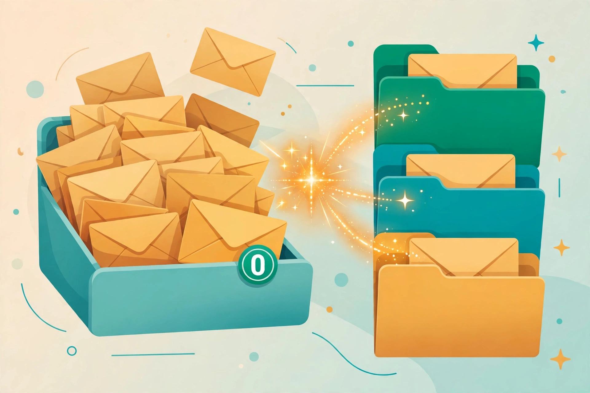 An AI email inbox sorting messages into priority folders until it reaches inbox zero