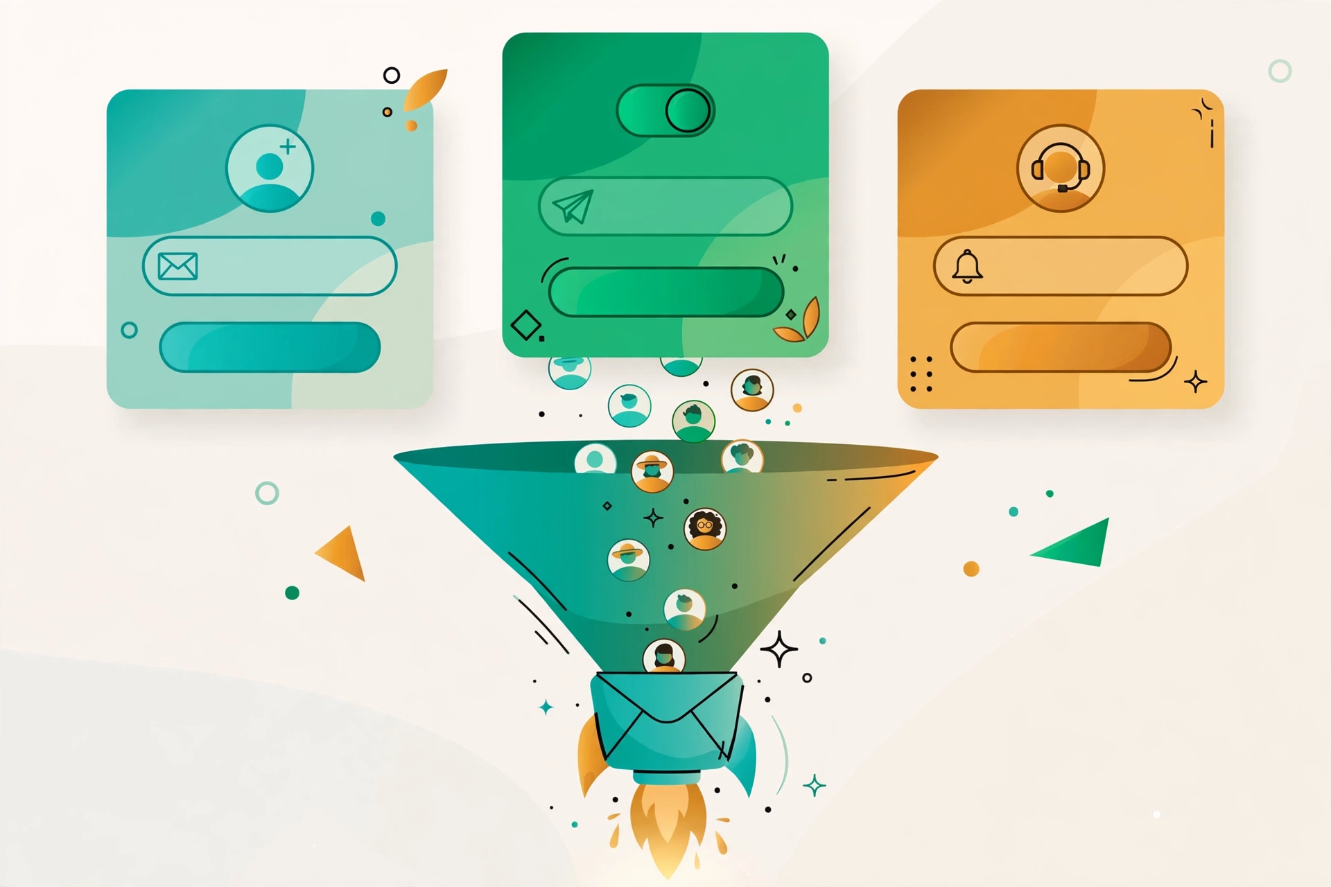 Three newsletter signup forms side by side with subscriber avatars joining a mailing list, in warm flat vector colors