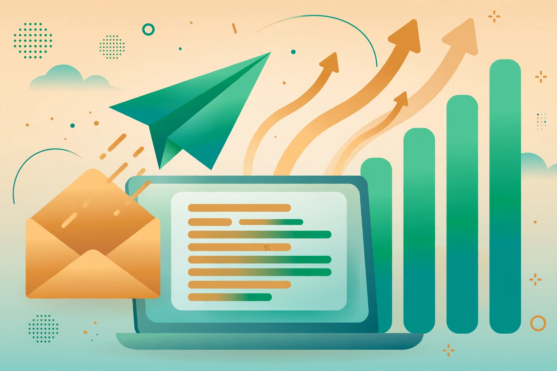 A newsletter email launching from a laptop with rising subscriber growth charts and paper planes, in warm flat vector colors