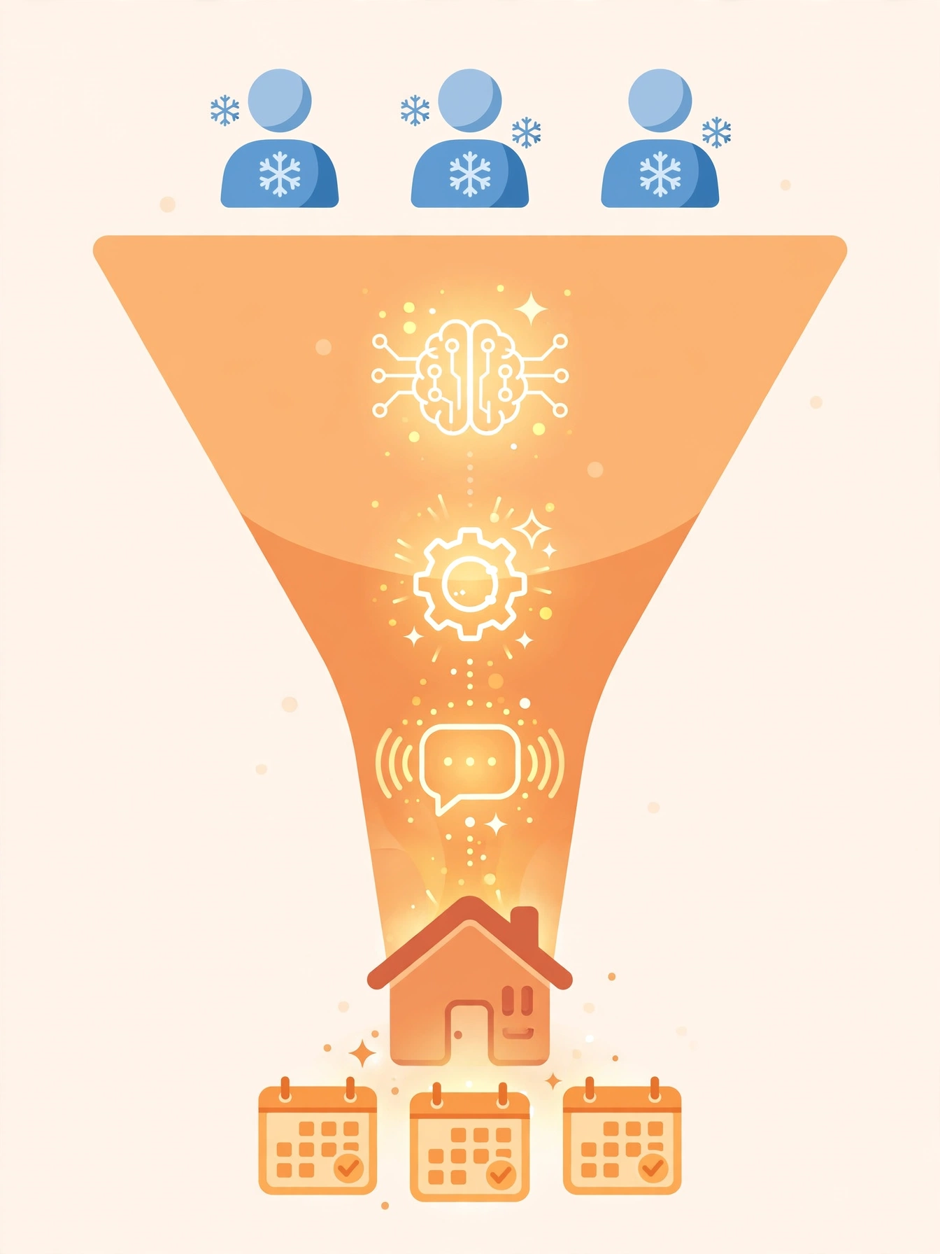 A flat vector illustration of an AI-powered lead nurture funnel turning cold leads into booked appointments