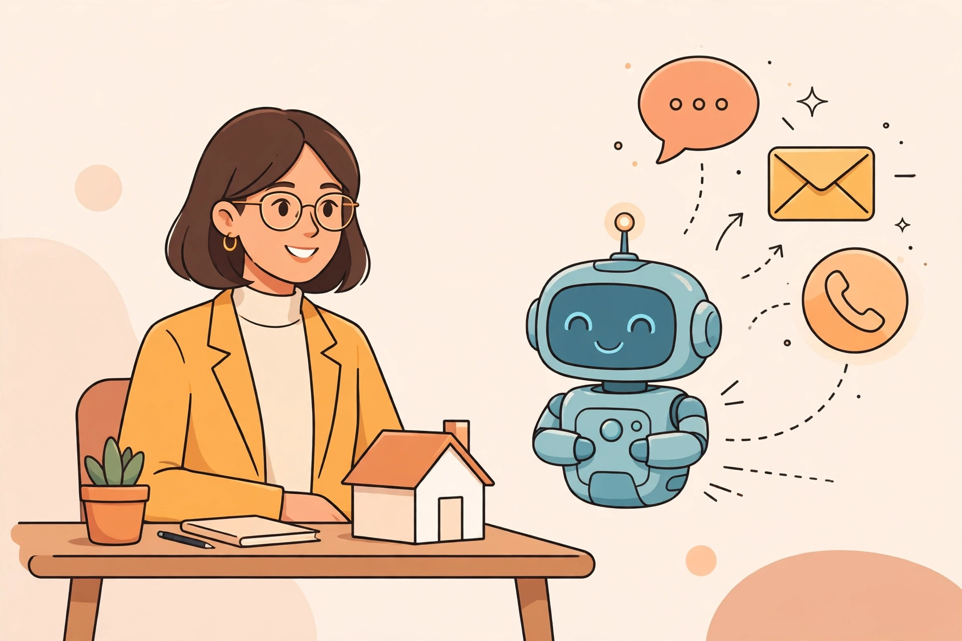 A flat vector illustration of an AI assistant helping a real estate agent follow up with leads