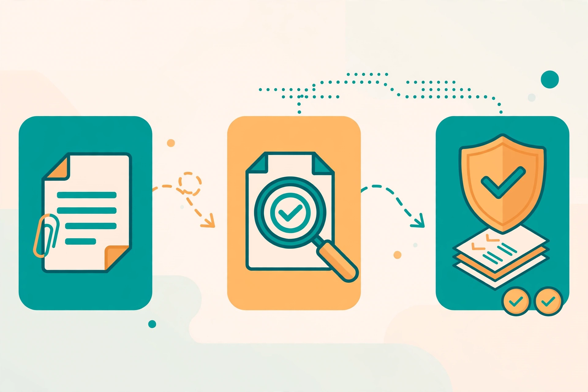 Contract documents moving through an AI review workflow with checkmarks and a shield