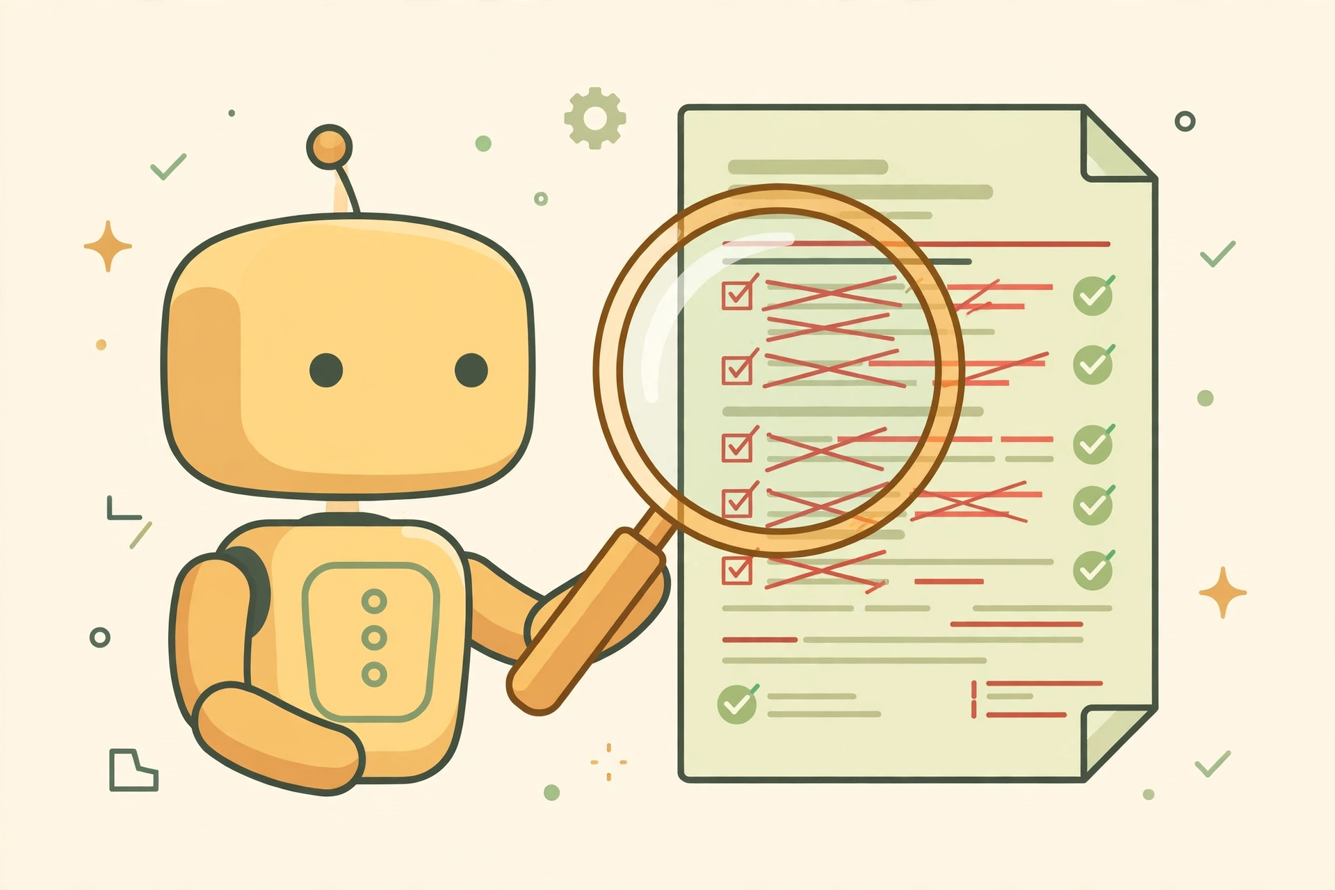 AI assistant reviewing a business contract with redline markups and checkmarks