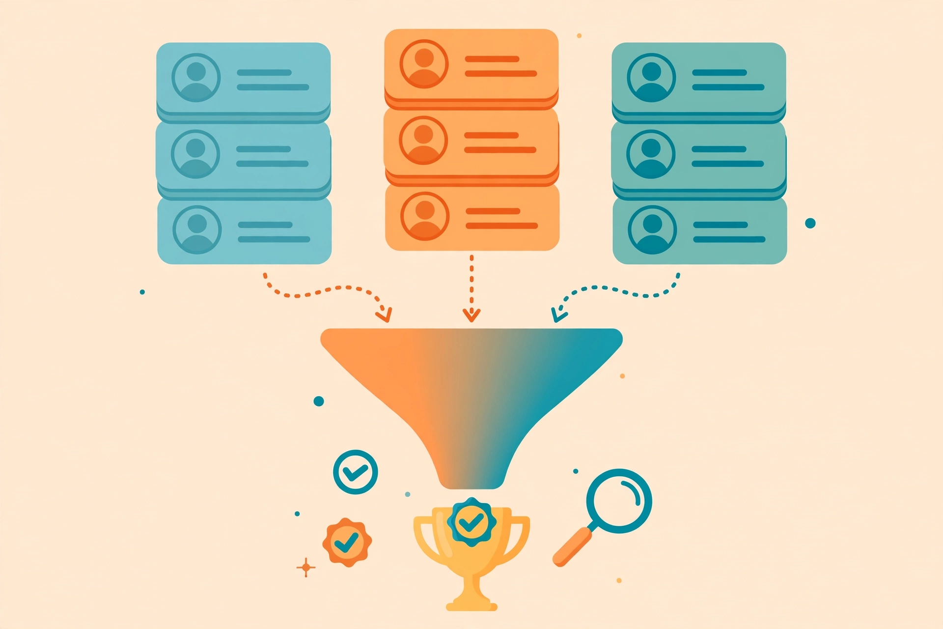 Candidate screening workflow with profile cards flowing through a funnel into a top-candidate badge, warm flat vector illustration