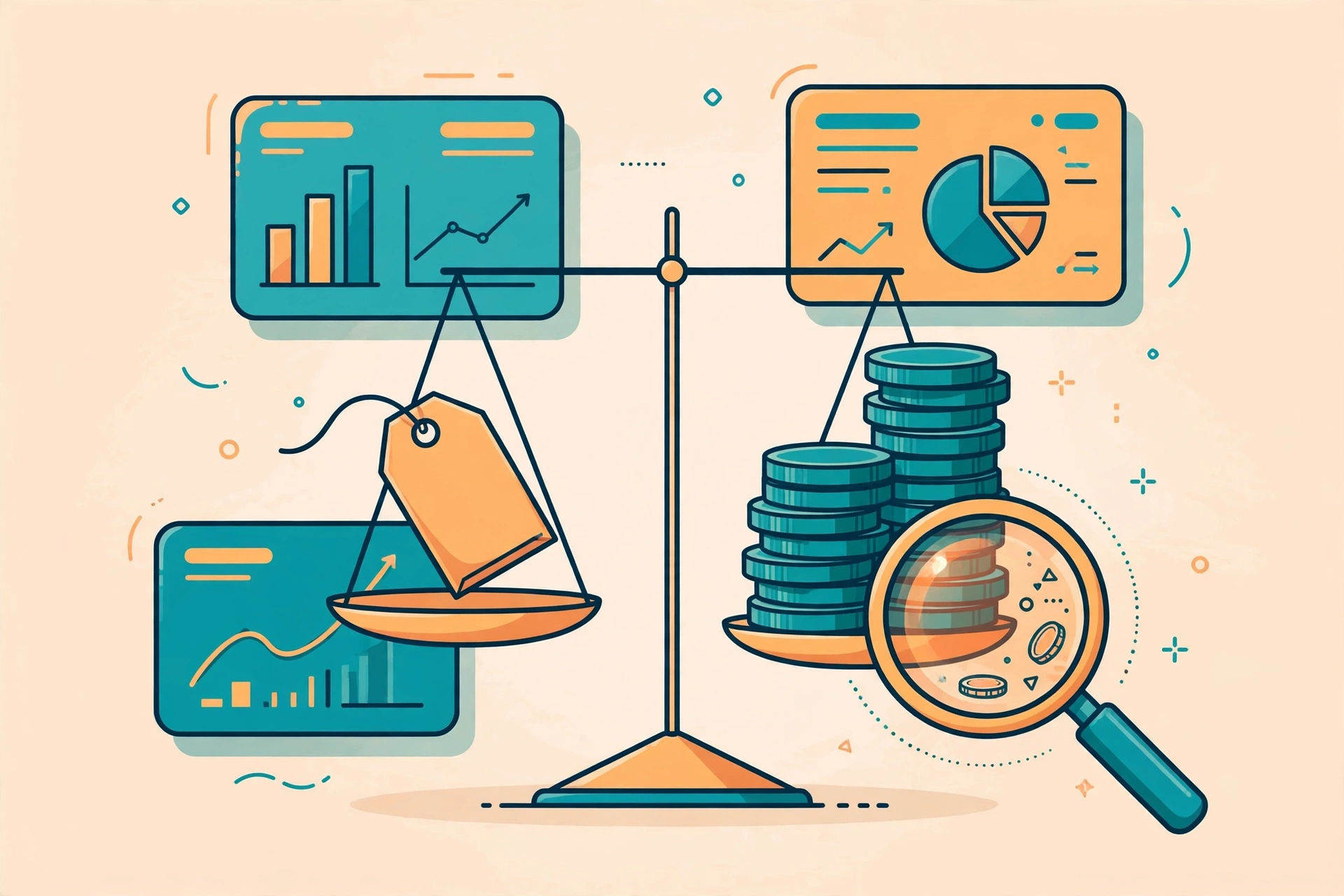 A flat vector illustration of a balance scale weighing a price tag against a stack of coins, with platform dashboards and a magnifying glass