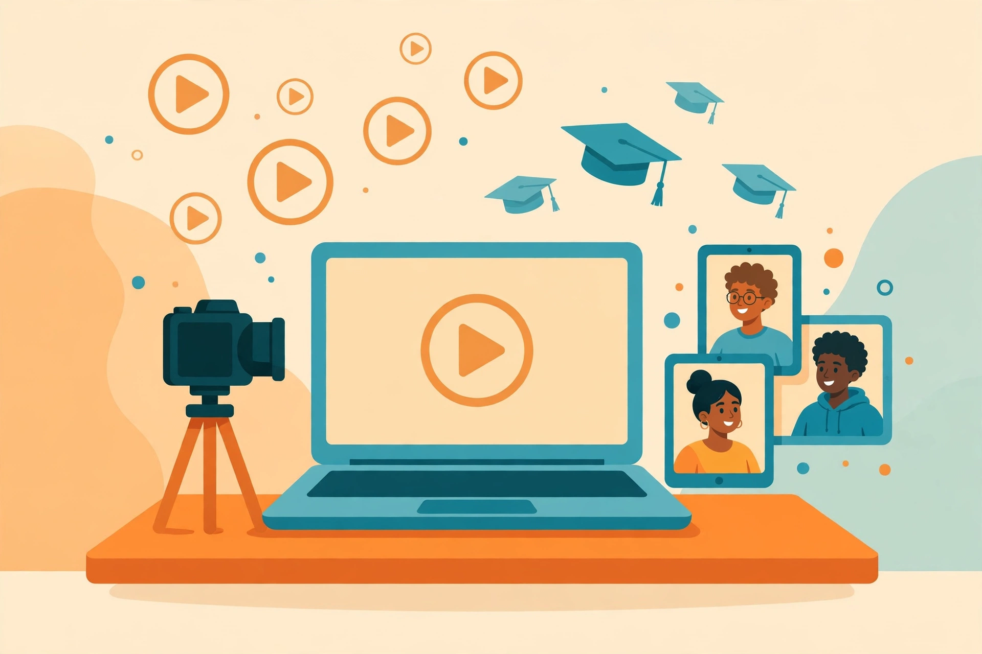 A flat vector illustration of an online course creator's desk with a laptop showing a video course, a recording camera, and students watching on screens