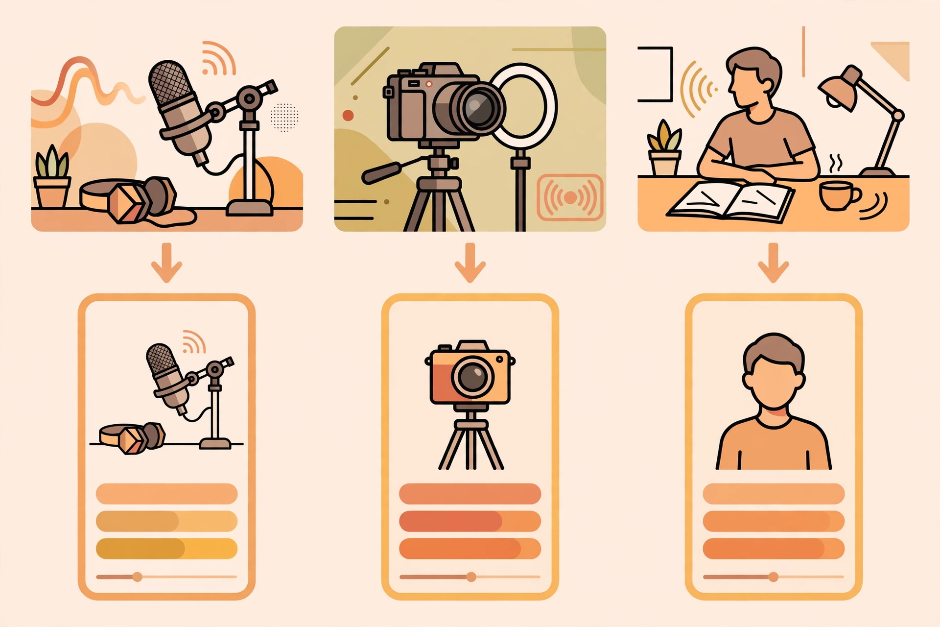 Side-by-side comparison of source materials: podcast microphone setup, live stream camera, and talking-head desk recording