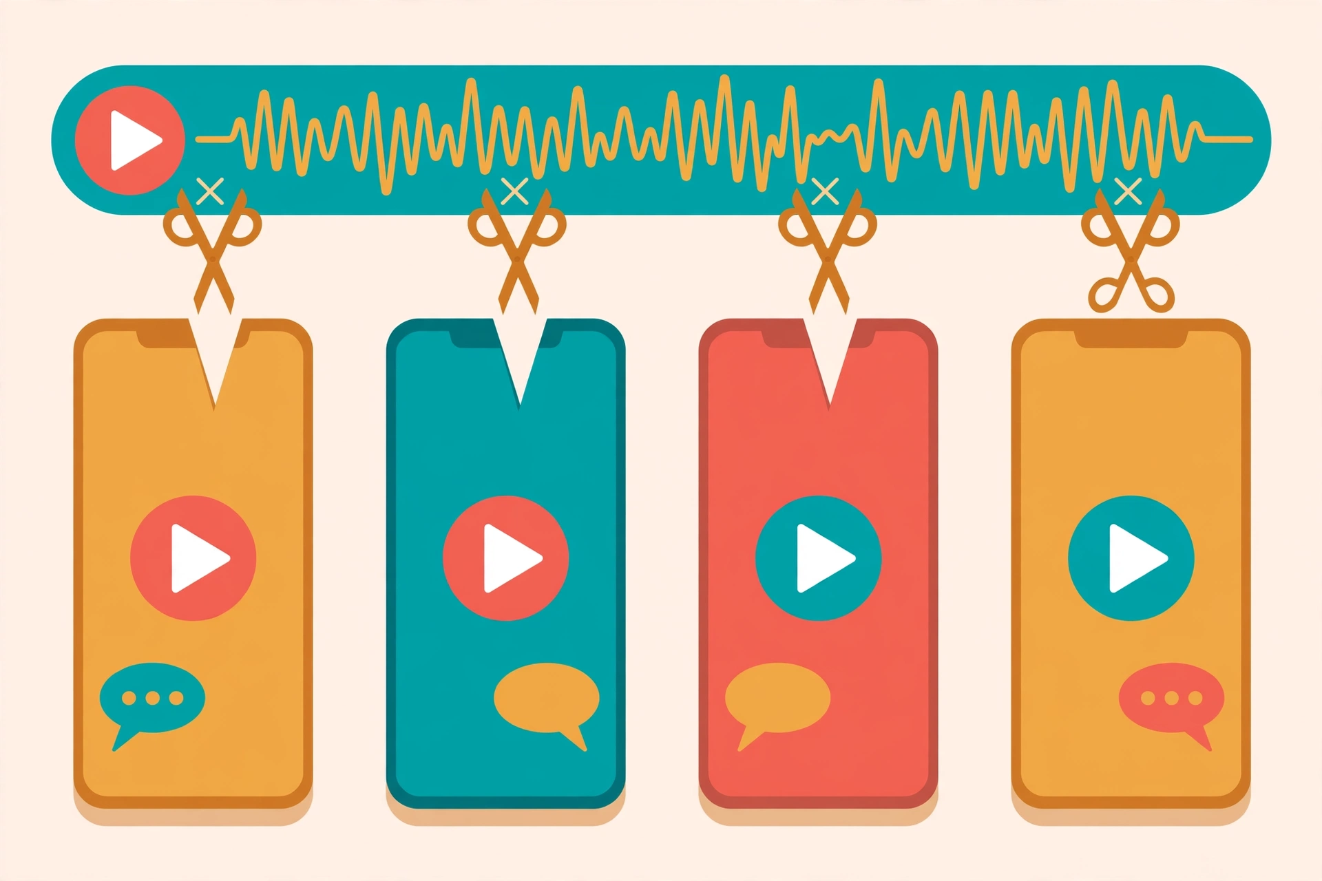 AI short-form video clipping workflow: a long podcast video being cut into vertical short clips with captions
