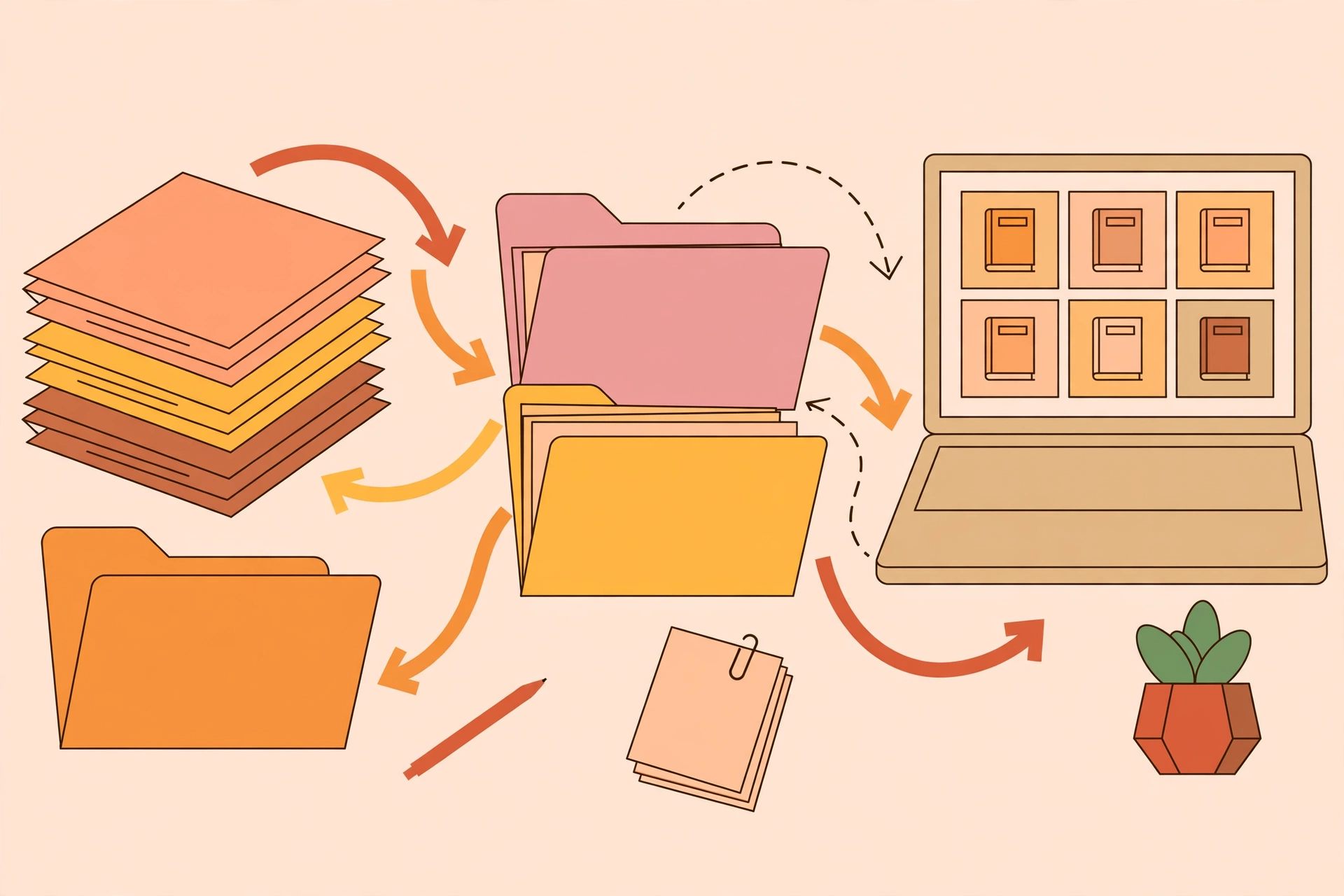 Research workspace with multiple documents, folders and citation links connected in a knowledge library