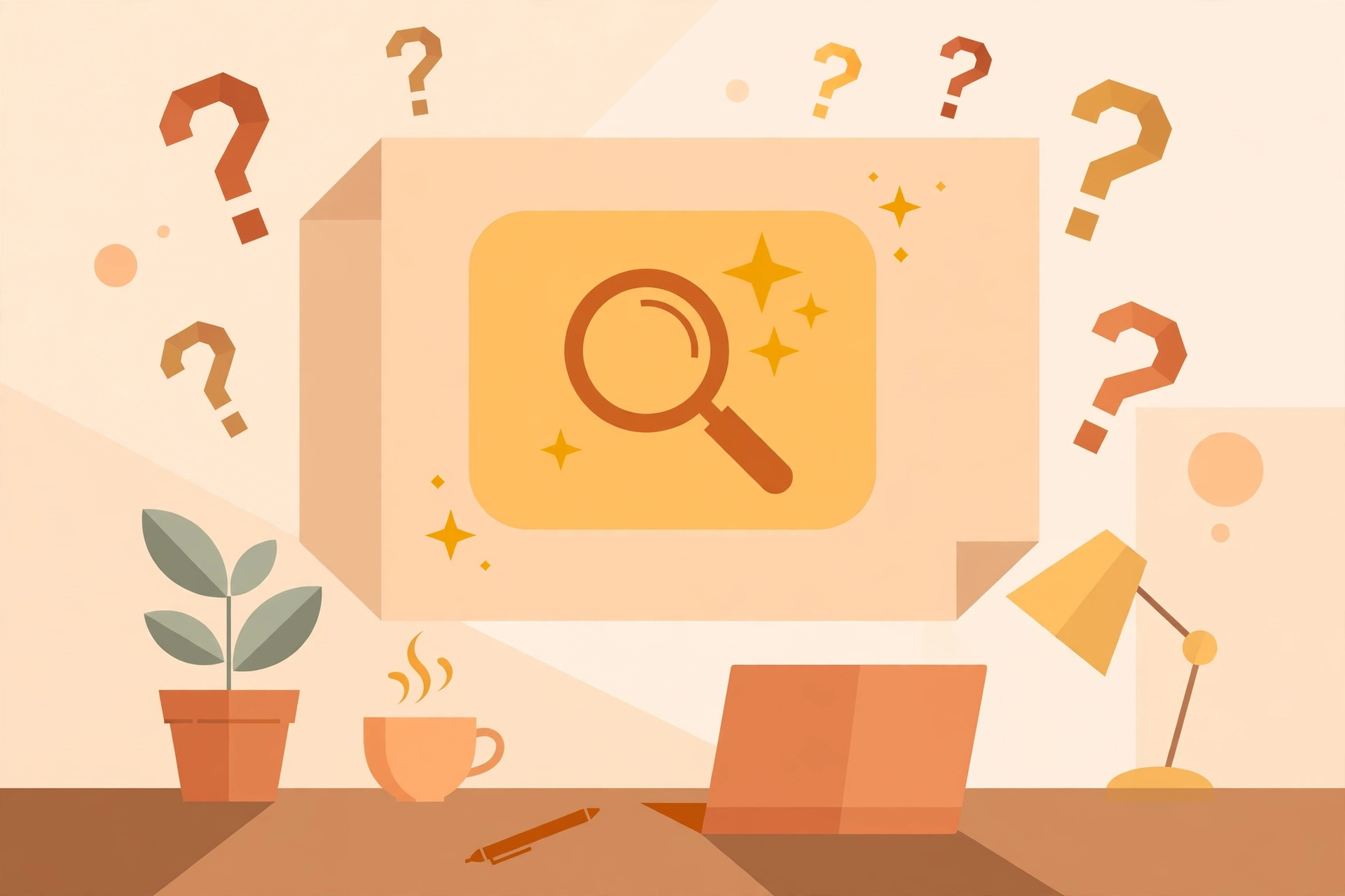 AI document assistant: a document page with a chat bubble, magnifying glass and sparkles over a professional desk