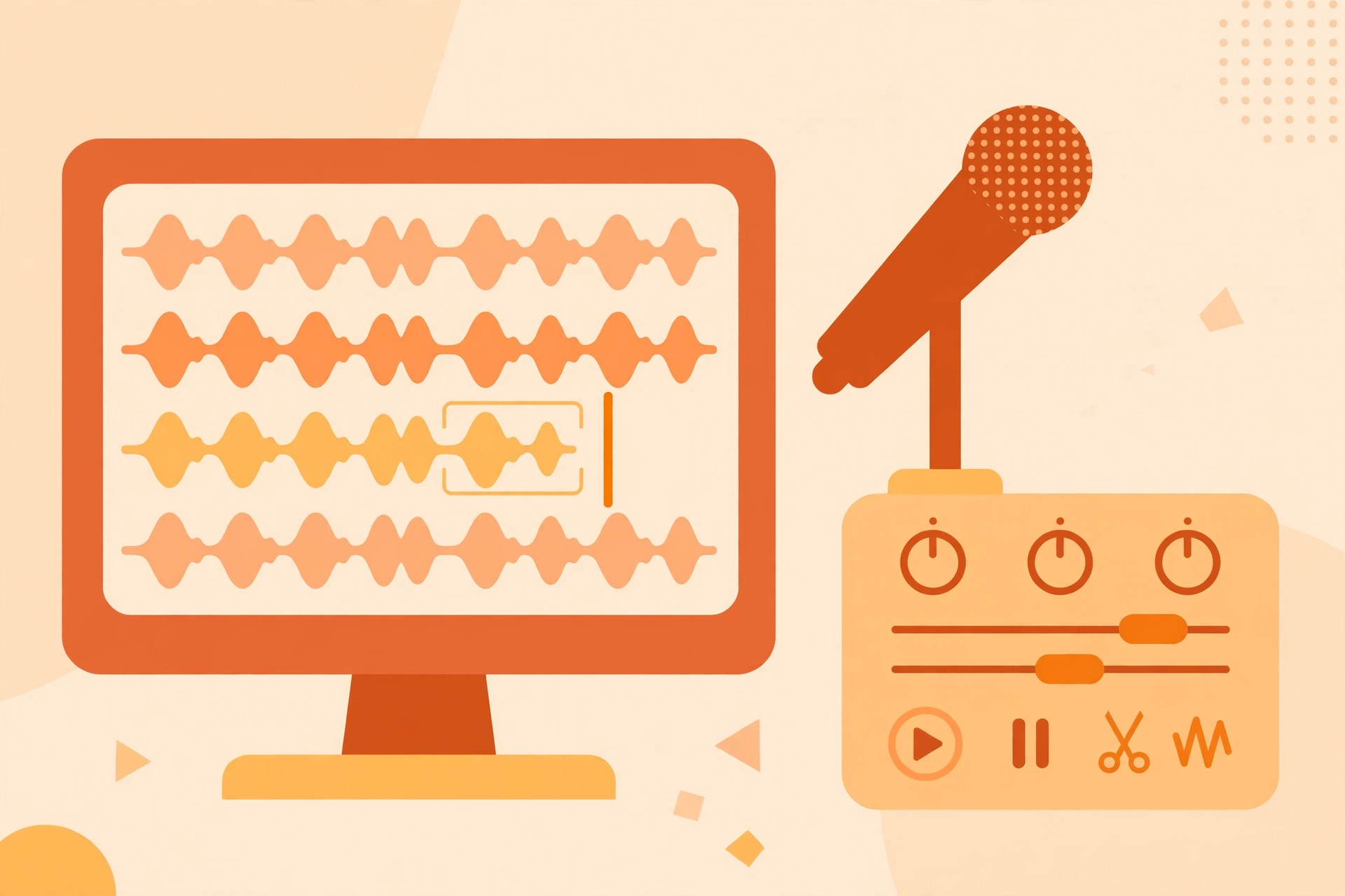 Audio waveform being edited like text on a computer screen with a microphone