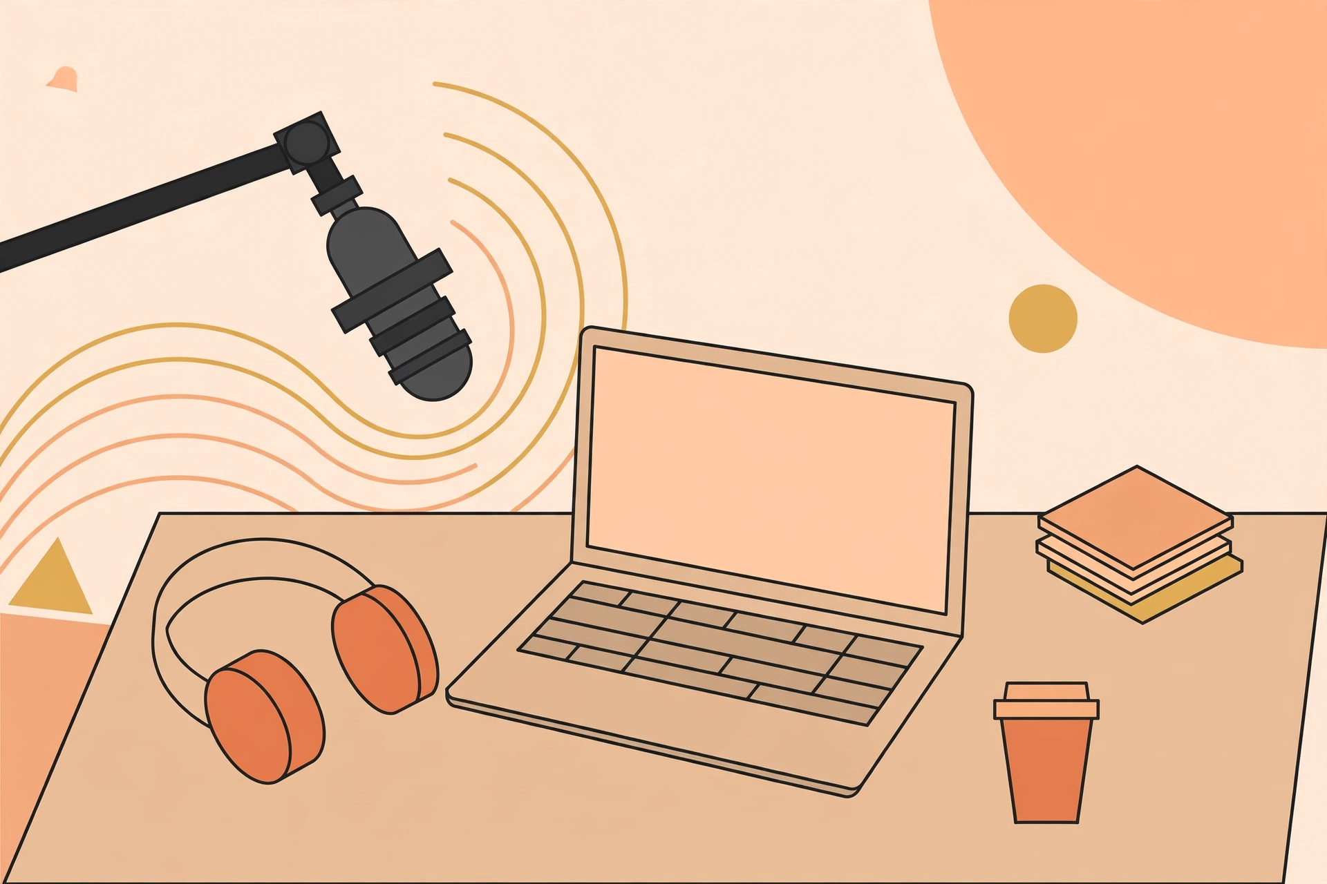 Professional podcast recording setup with studio microphone, headphones and sound waves