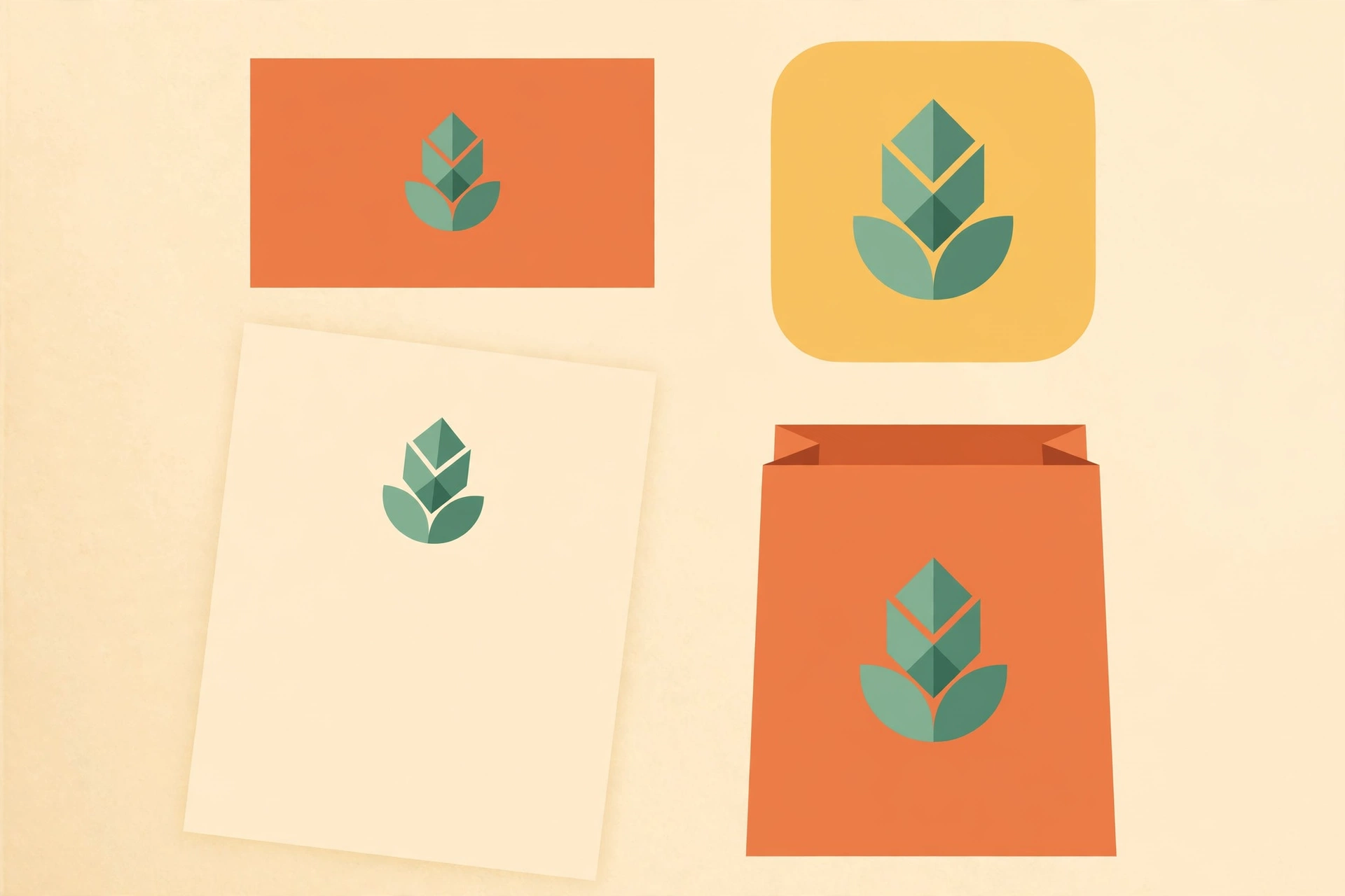 Flat-lay brand kit: business card, app icon, letterhead and bag with one logo