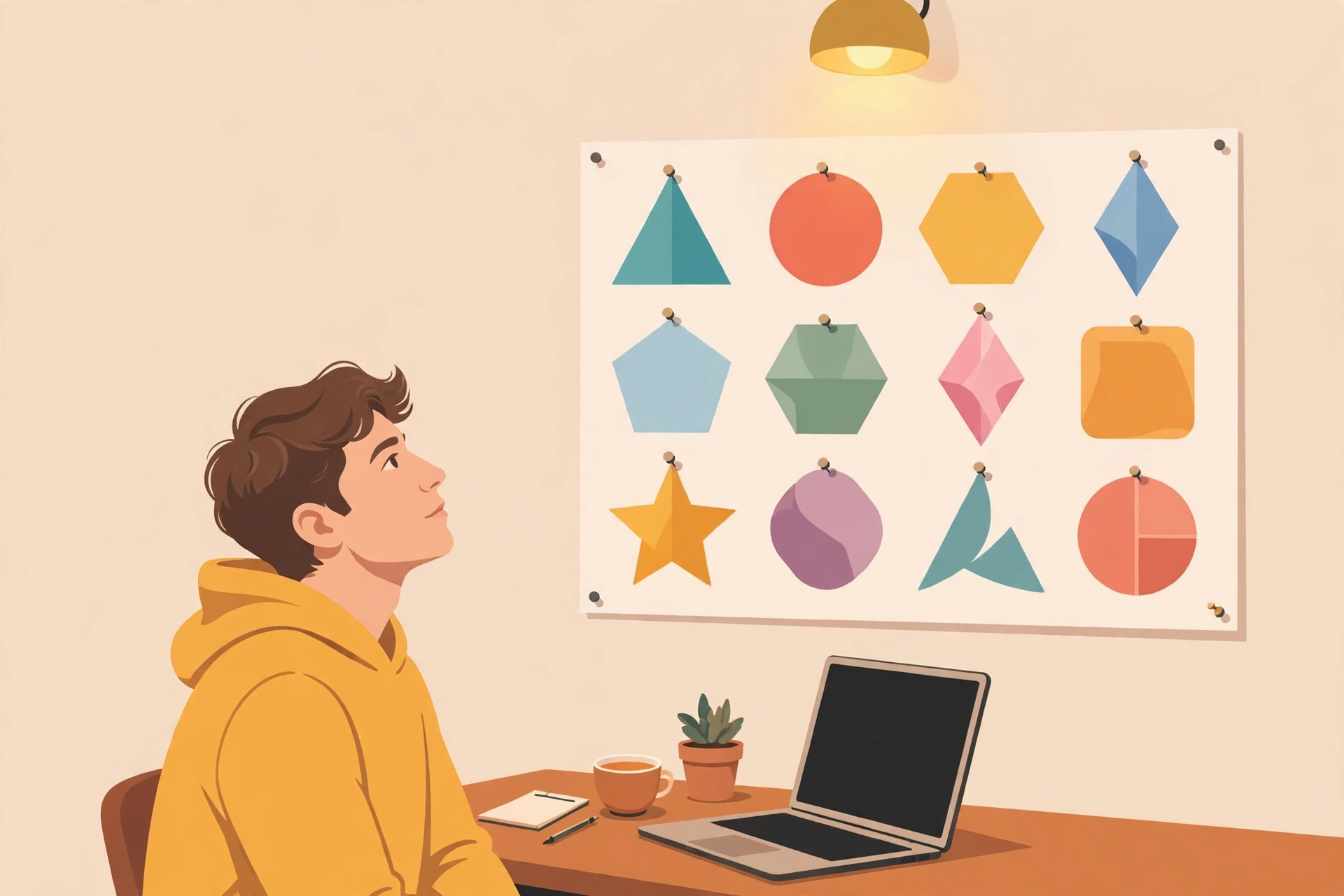 Startup founder reviewing AI-generated logo concepts on a wall board