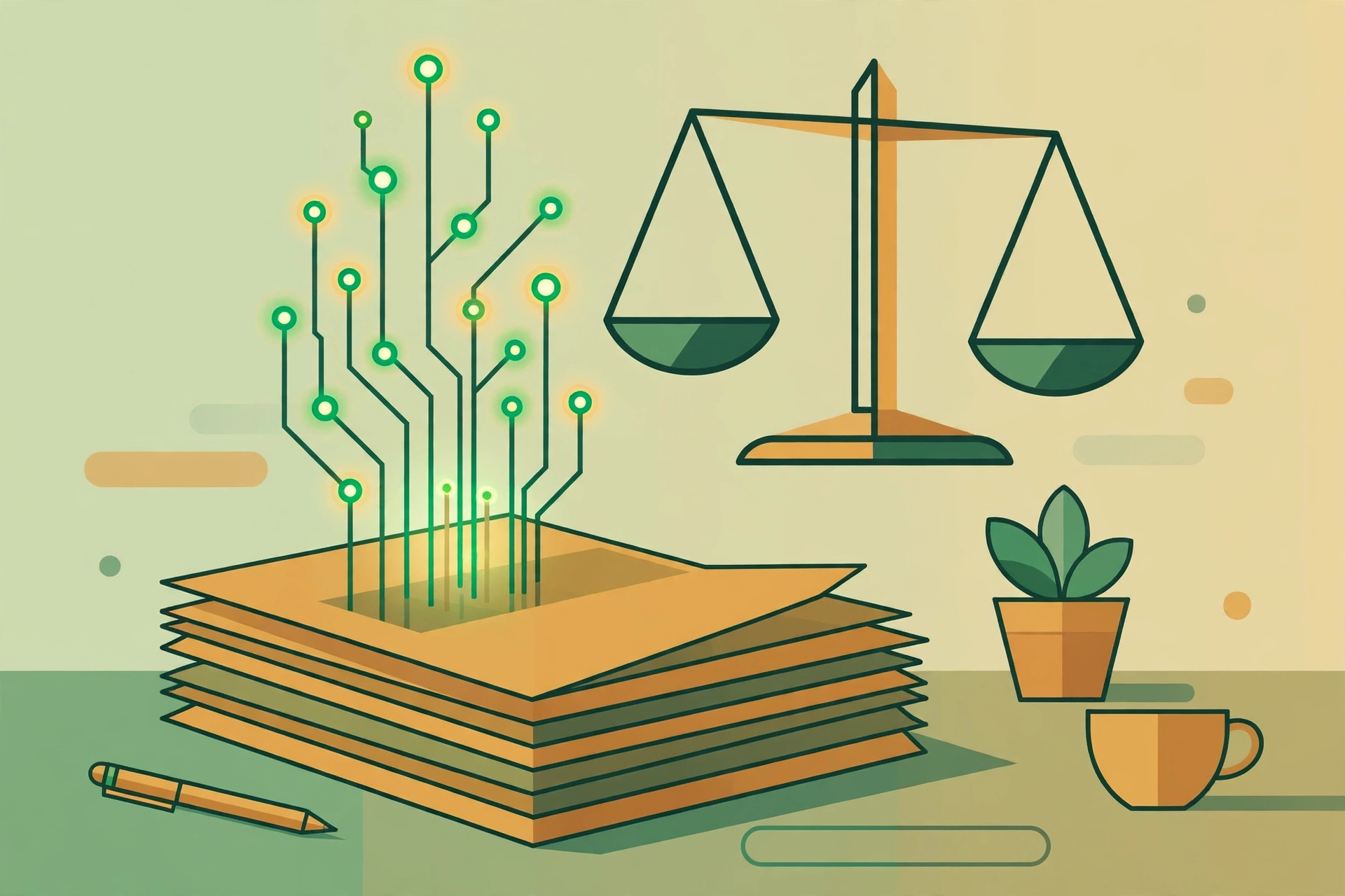 Flat vector illustration of a law firm desk with scales of justice, glowing AI circuit nodes and stacked legal documents