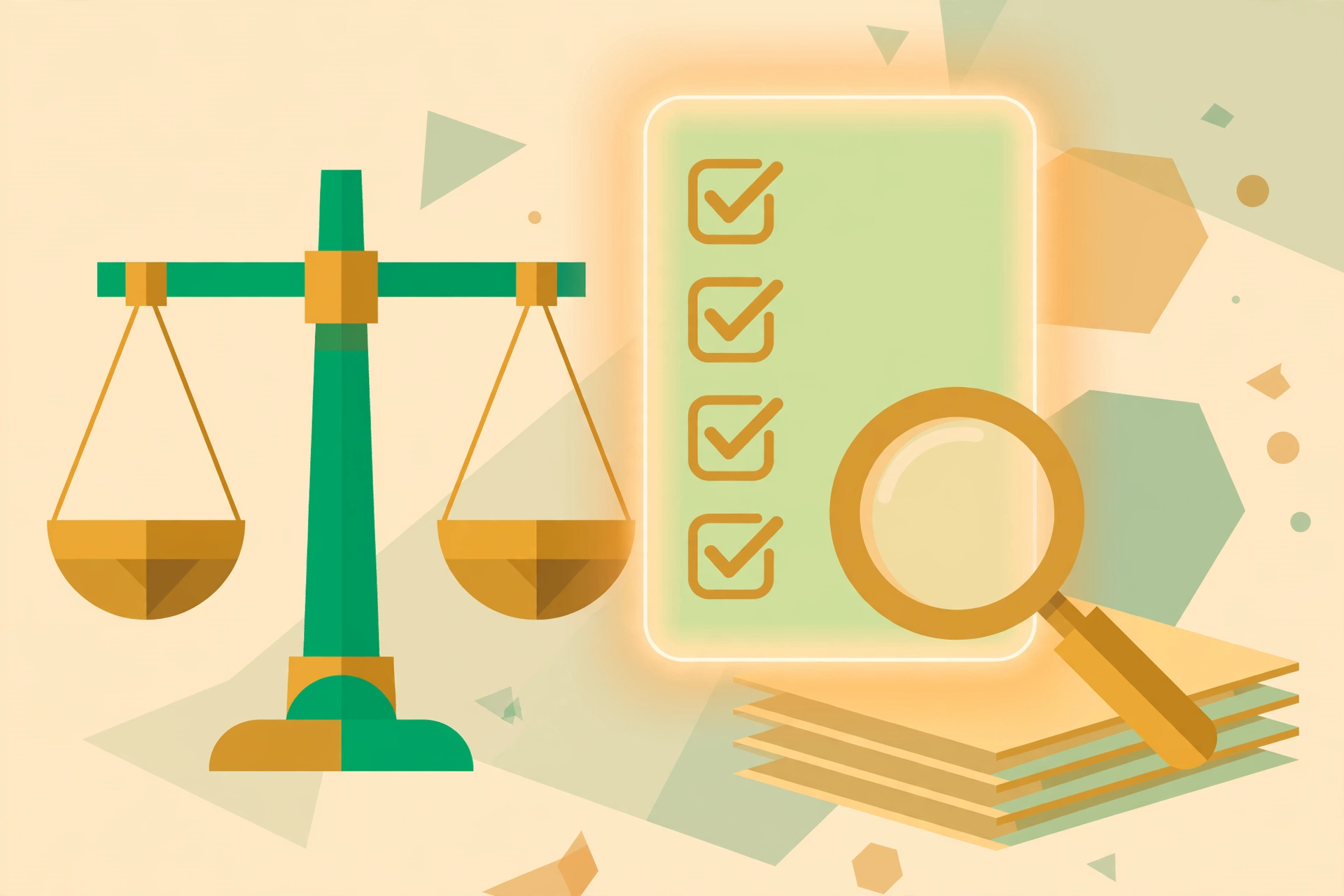 Flat vector illustration of scales of justice beside a glowing AI contract checklist with a magnifying glass over documents