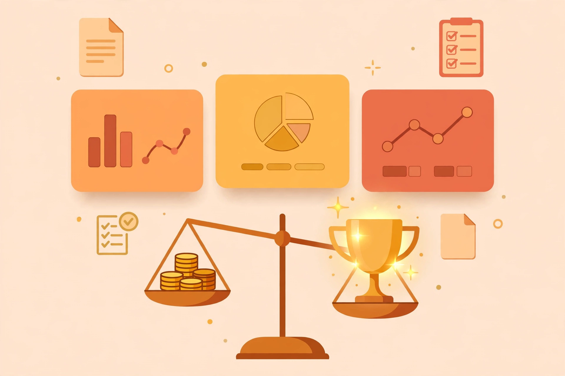 Flat vector illustration of three abstract software dashboard cards side by side floating above a balance scale weighing coins against a glowing trophy