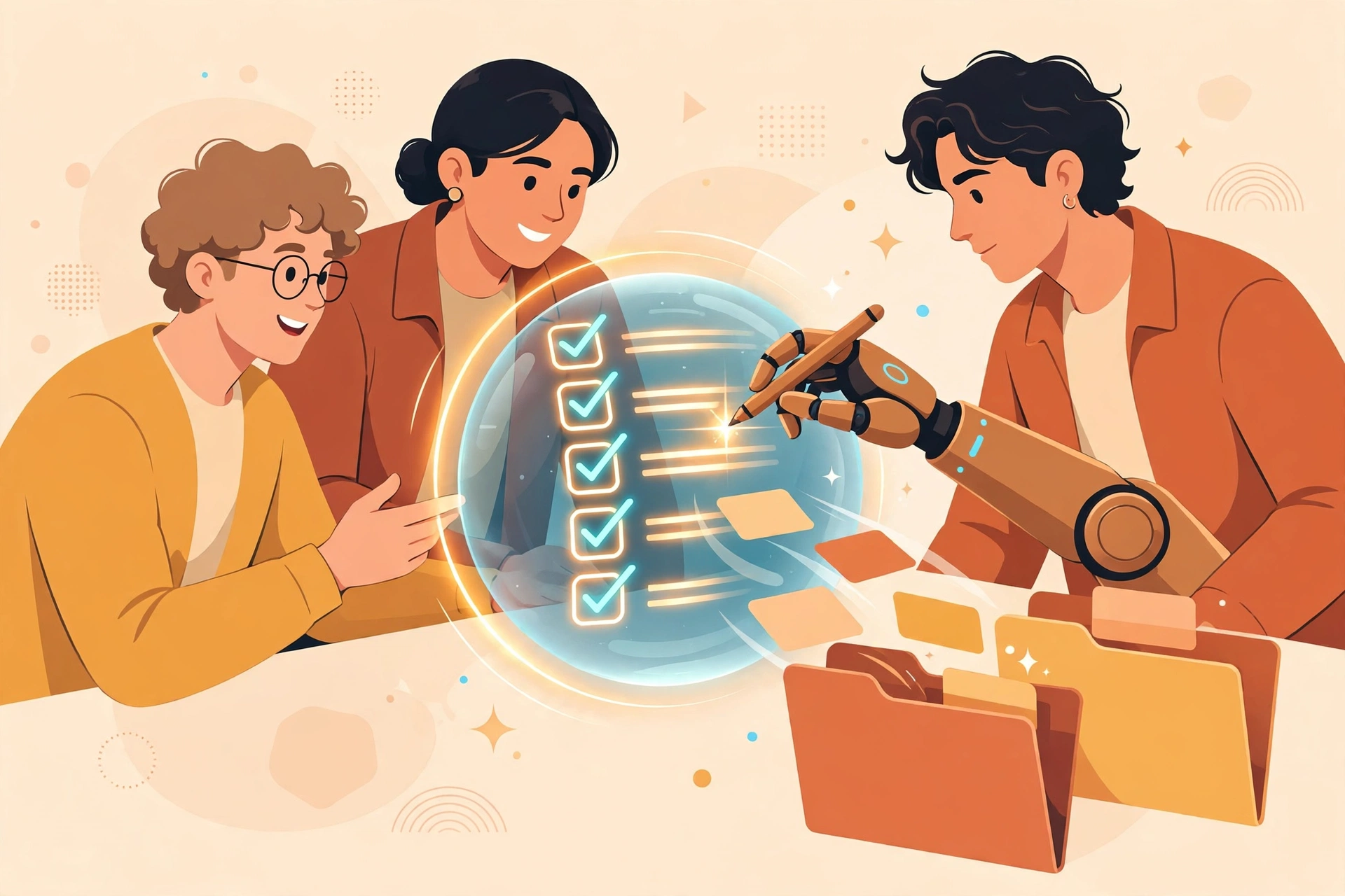 Flat vector illustration of a proposal team around a glowing holographic RFP document with a friendly AI robot hand auto-filling checklist answers and answer cards flying into organized folders