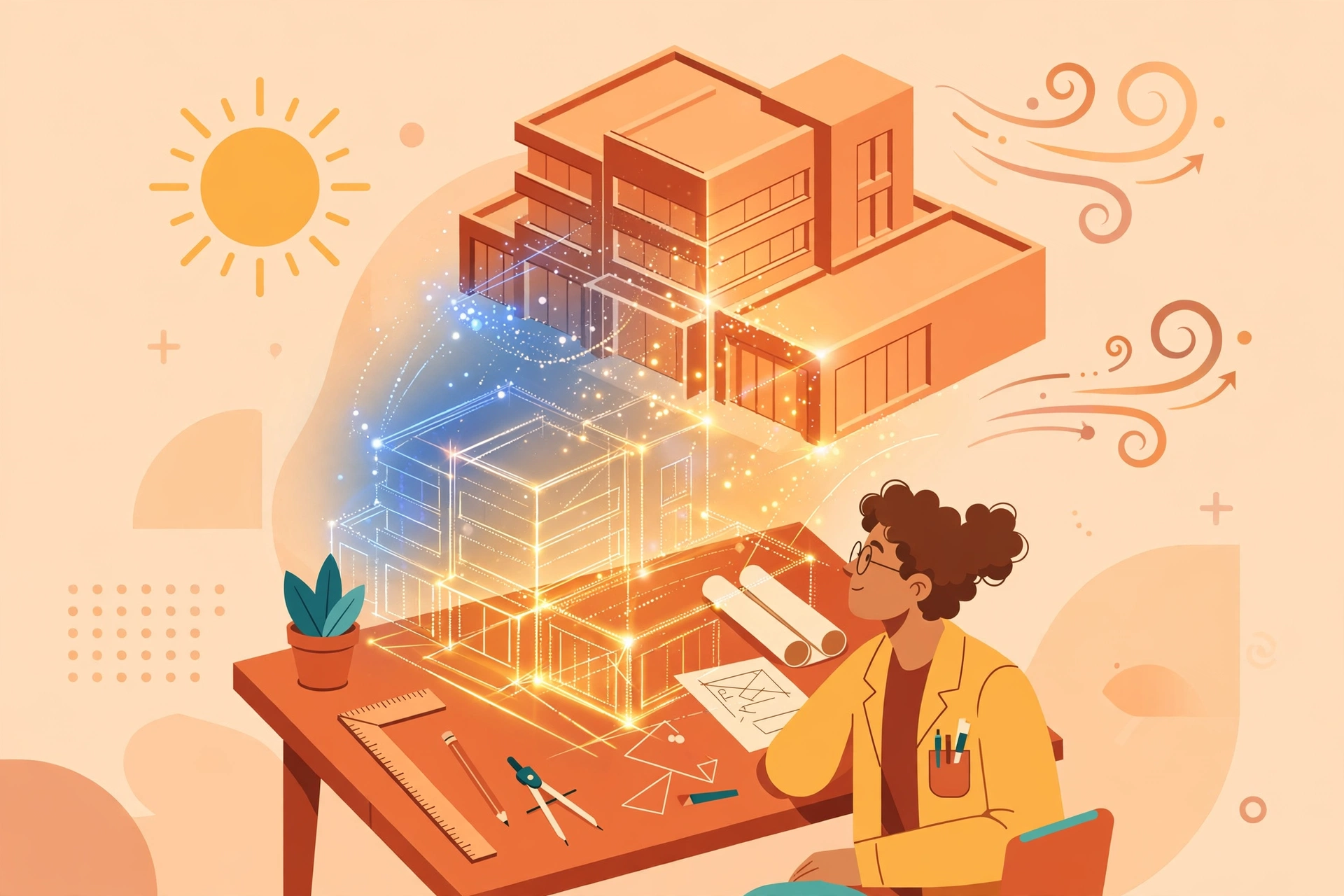 Flat vector illustration of an architect at a drafting desk with a holographic building model transforming from glowing sketch lines into a solid 3D building, with sun and wind swirl icons