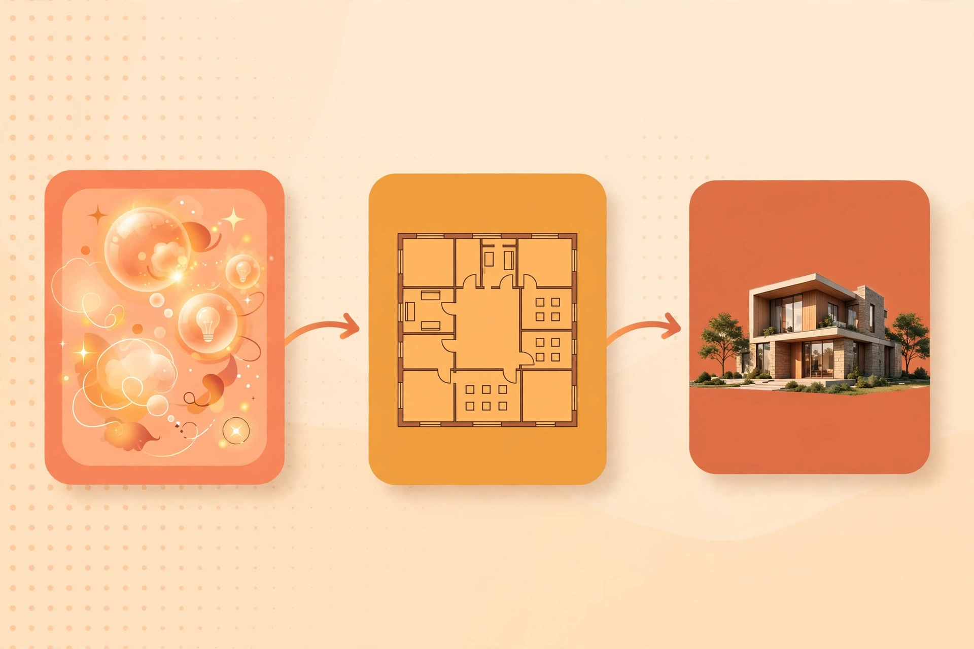 Flat vector illustration of three floating panels connected by arrows: glowing idea bubbles, a geometric floor plan, and a photorealistic building render