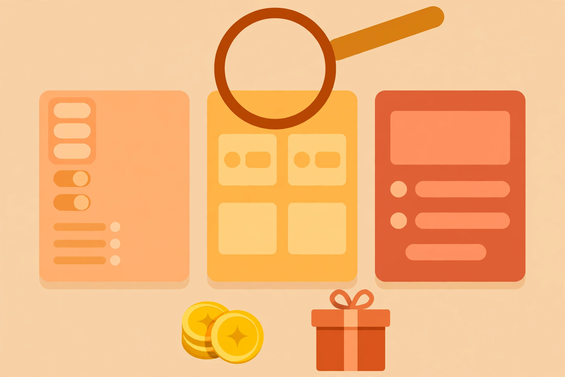 Flat vector illustration of three abstract form-builder interfaces side by side with a magnifying glass, coins and a gift box symbolizing free tiers
