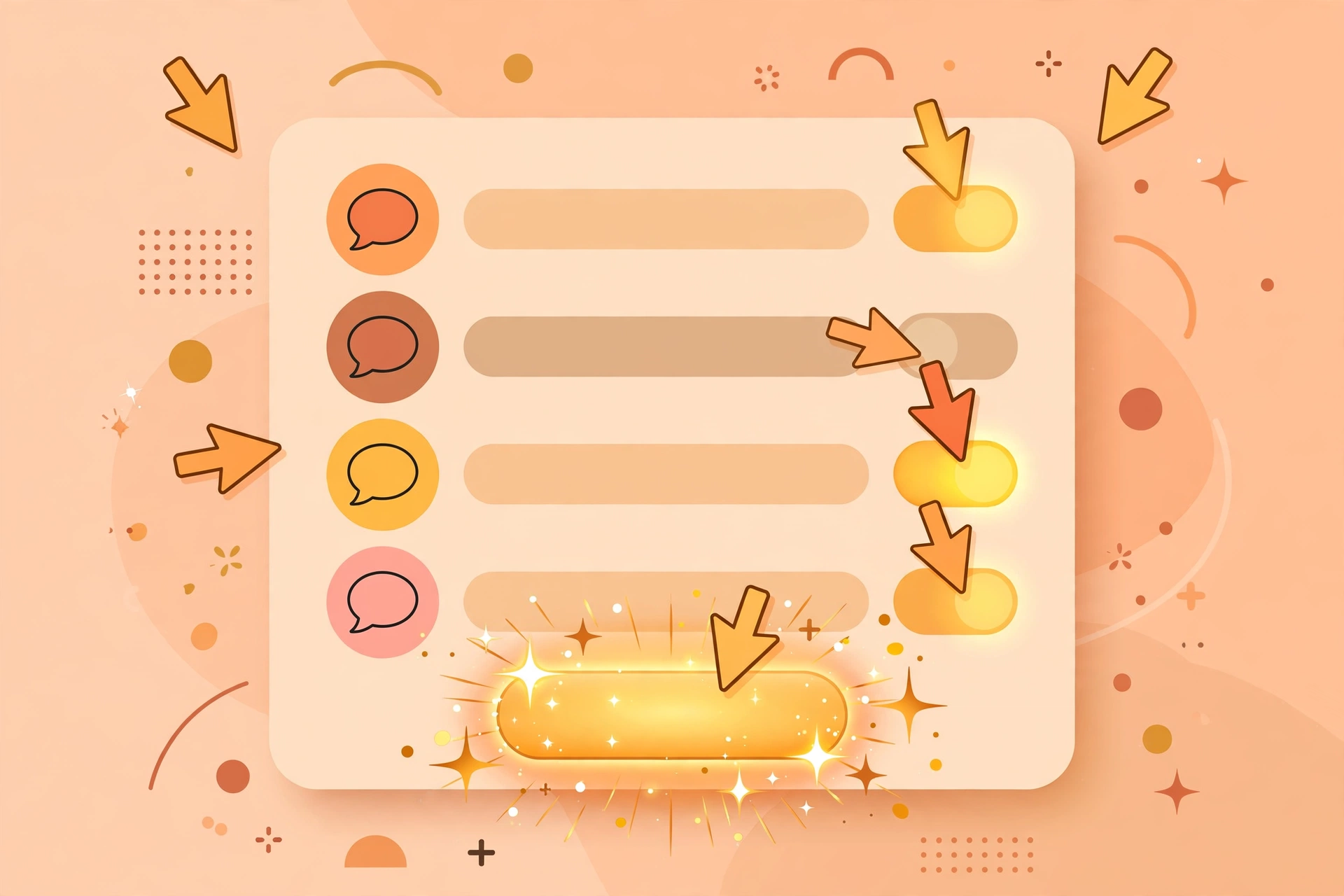 Flat vector illustration of a large friendly online form with question bubbles and toggle switches being completed by floating cursors, with sparkles around a glowing submit button