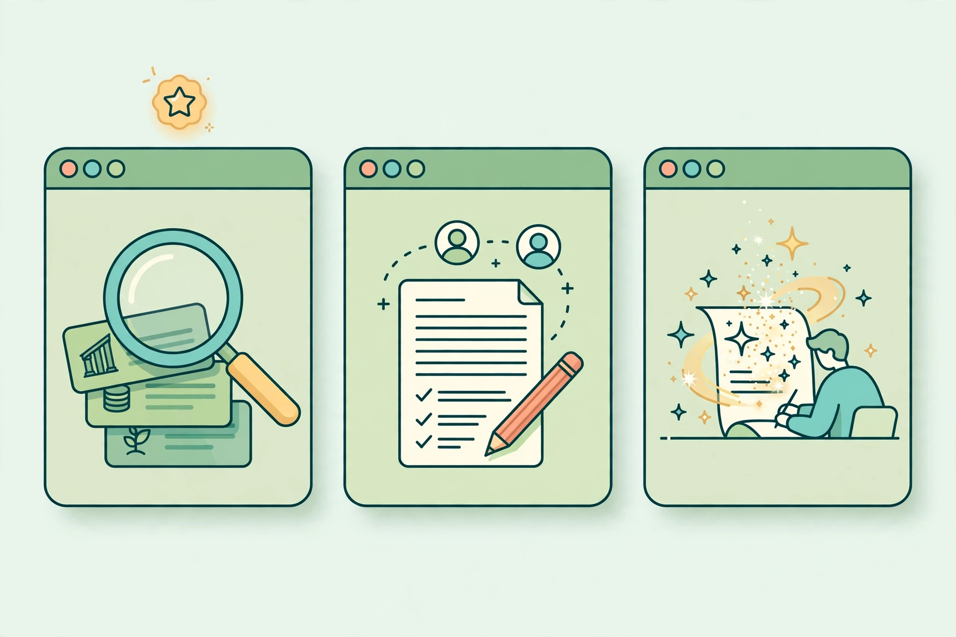 Flat vector illustration of three app comparison cards, one with a magnifying glass over funder cards, one with a collaborative document draft, one with a solo writer page, and a star badge above the first