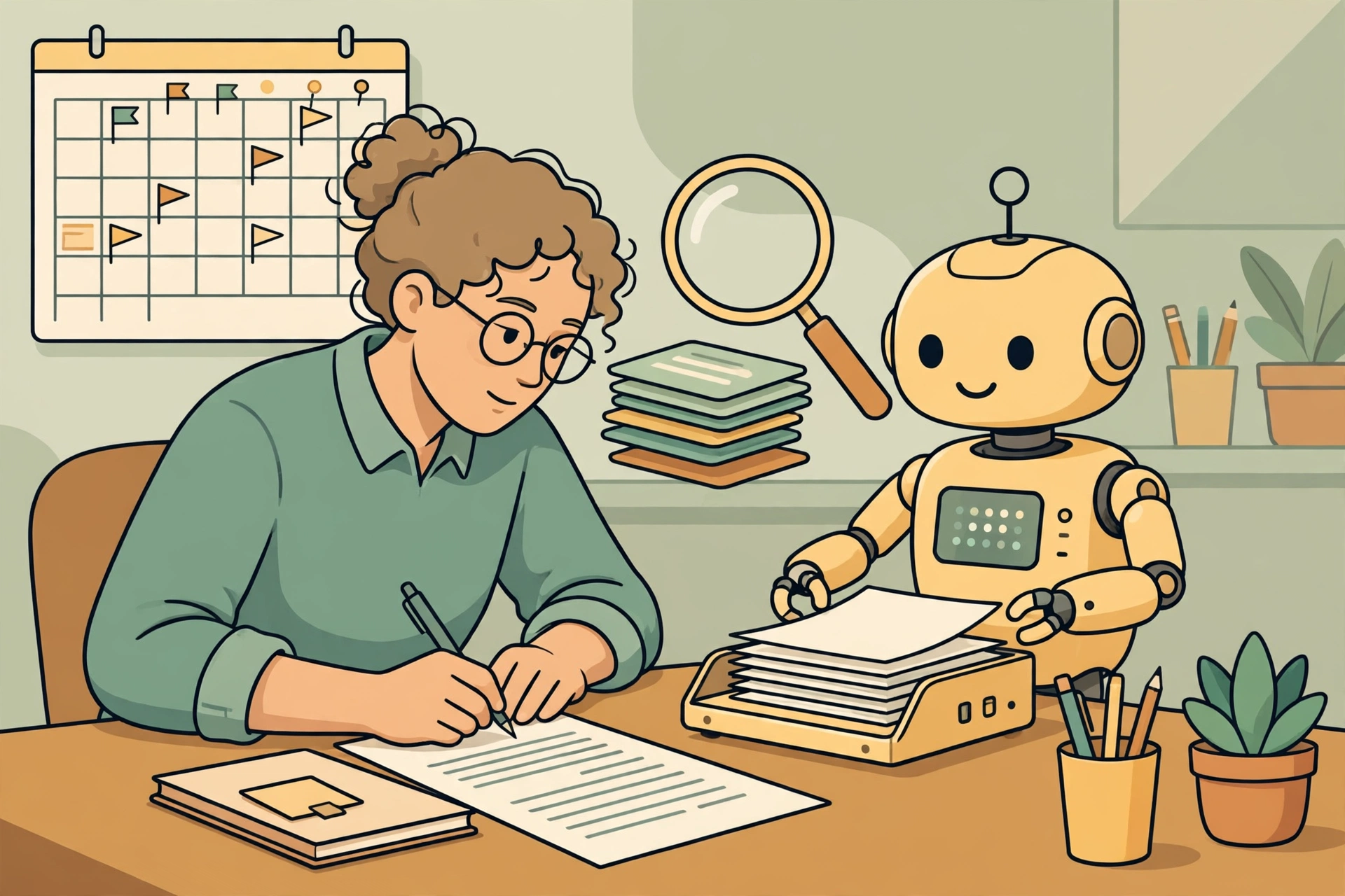 Flat vector illustration of a nonprofit grant writer at a desk with an AI robot assistant drafting a proposal, a calendar with deadline flags, and a magnifying glass over funder opportunity cards