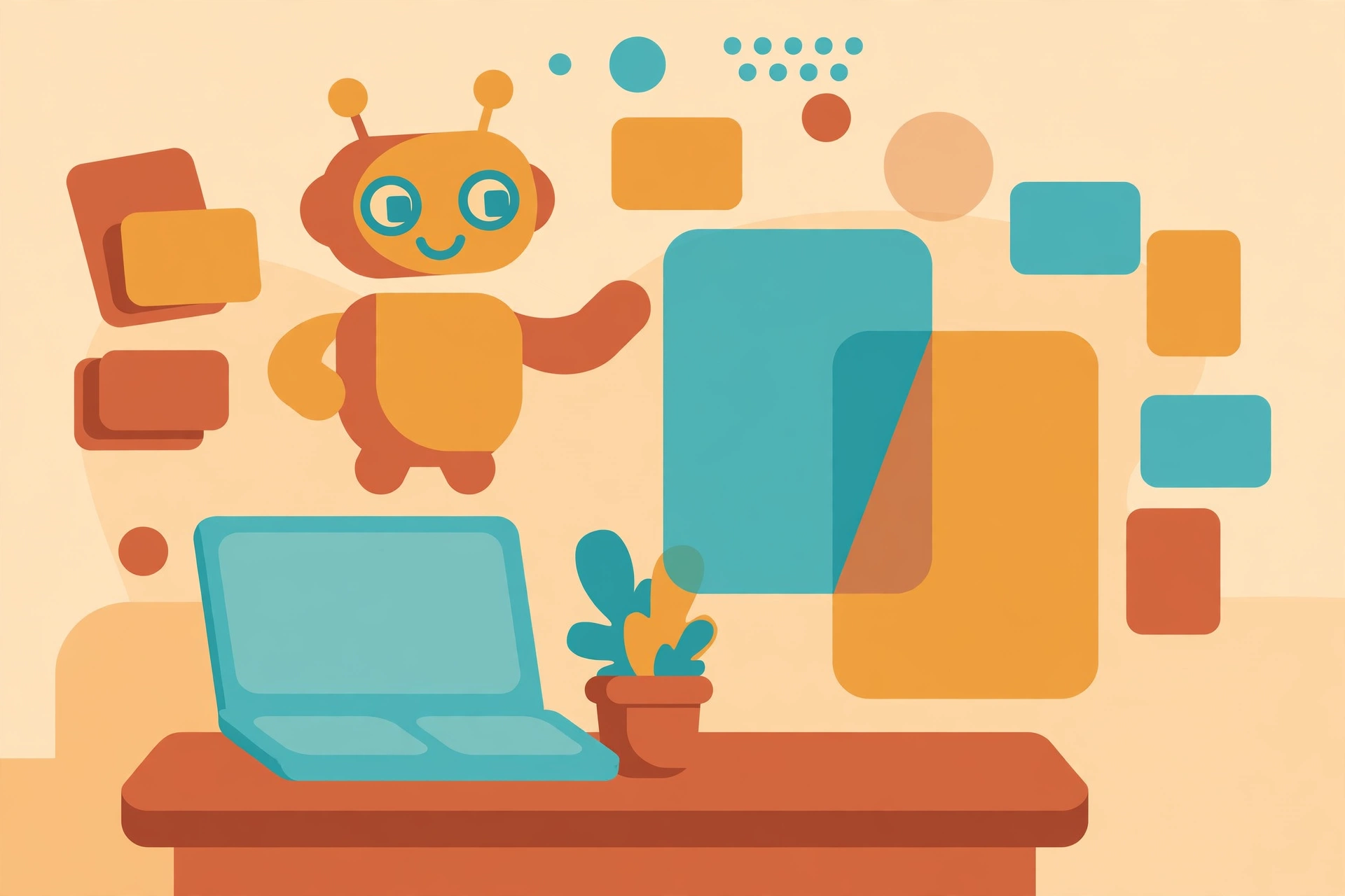 Flat vector illustration of an AI writing assistant helping organize blog draft documents on a writer's desk, warm modern colors