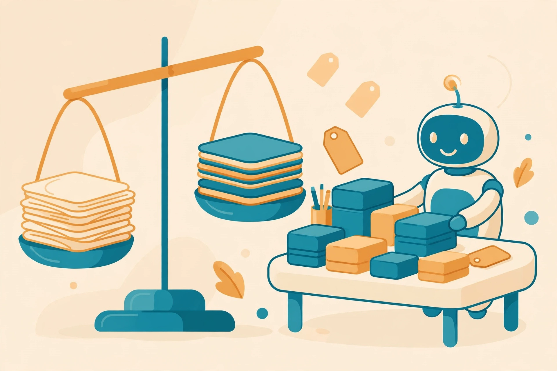 Flat vector illustration of a balance scale comparing stacks of content documents, warm amber and teal colors