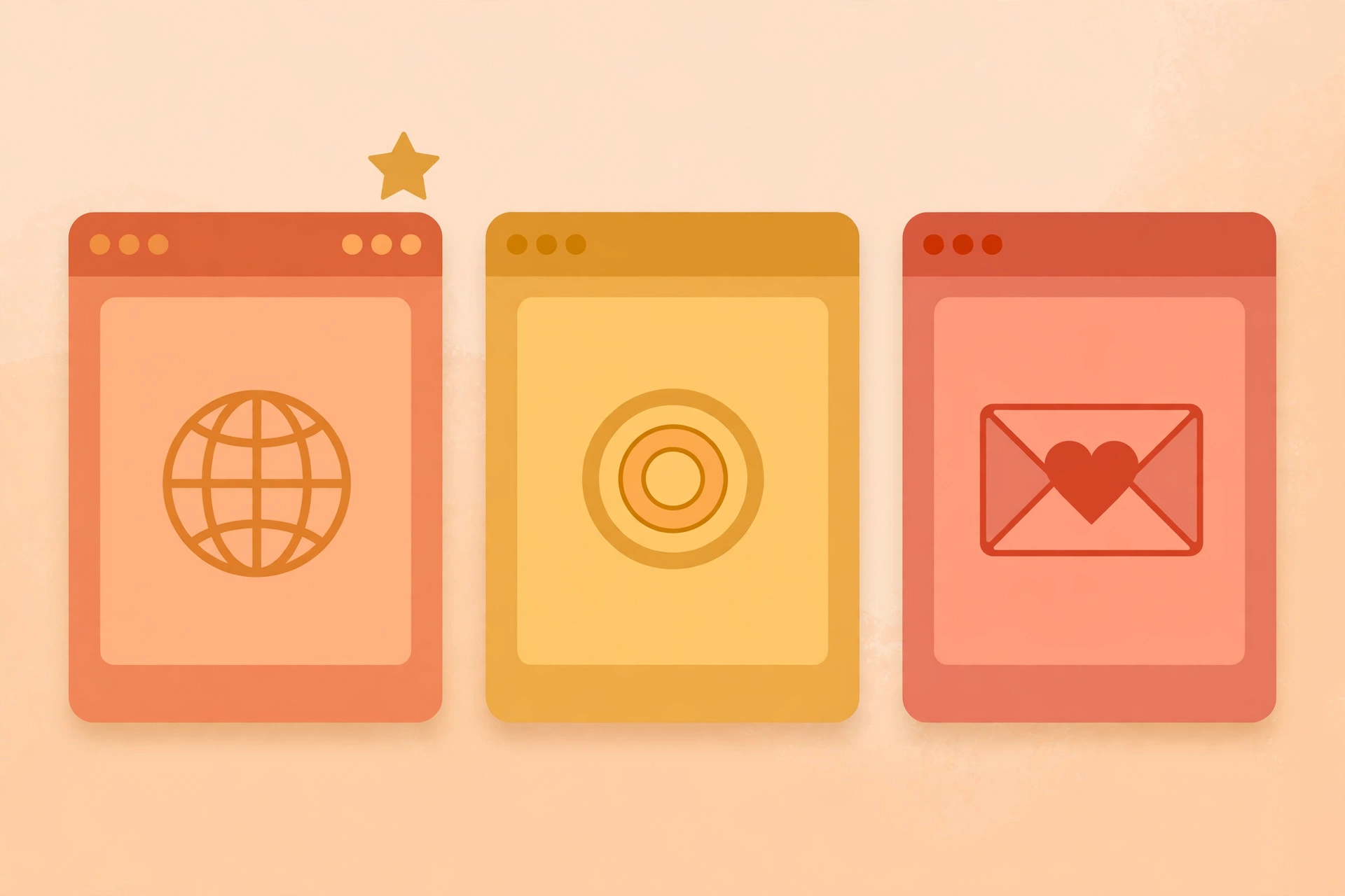 Flat vector illustration of three abstract video-player windows side by side like comparison cards, each with a different abstract symbol — a globe, a camera lens circle, a personalized envelope with a heart — and a small gold star badge above the first window