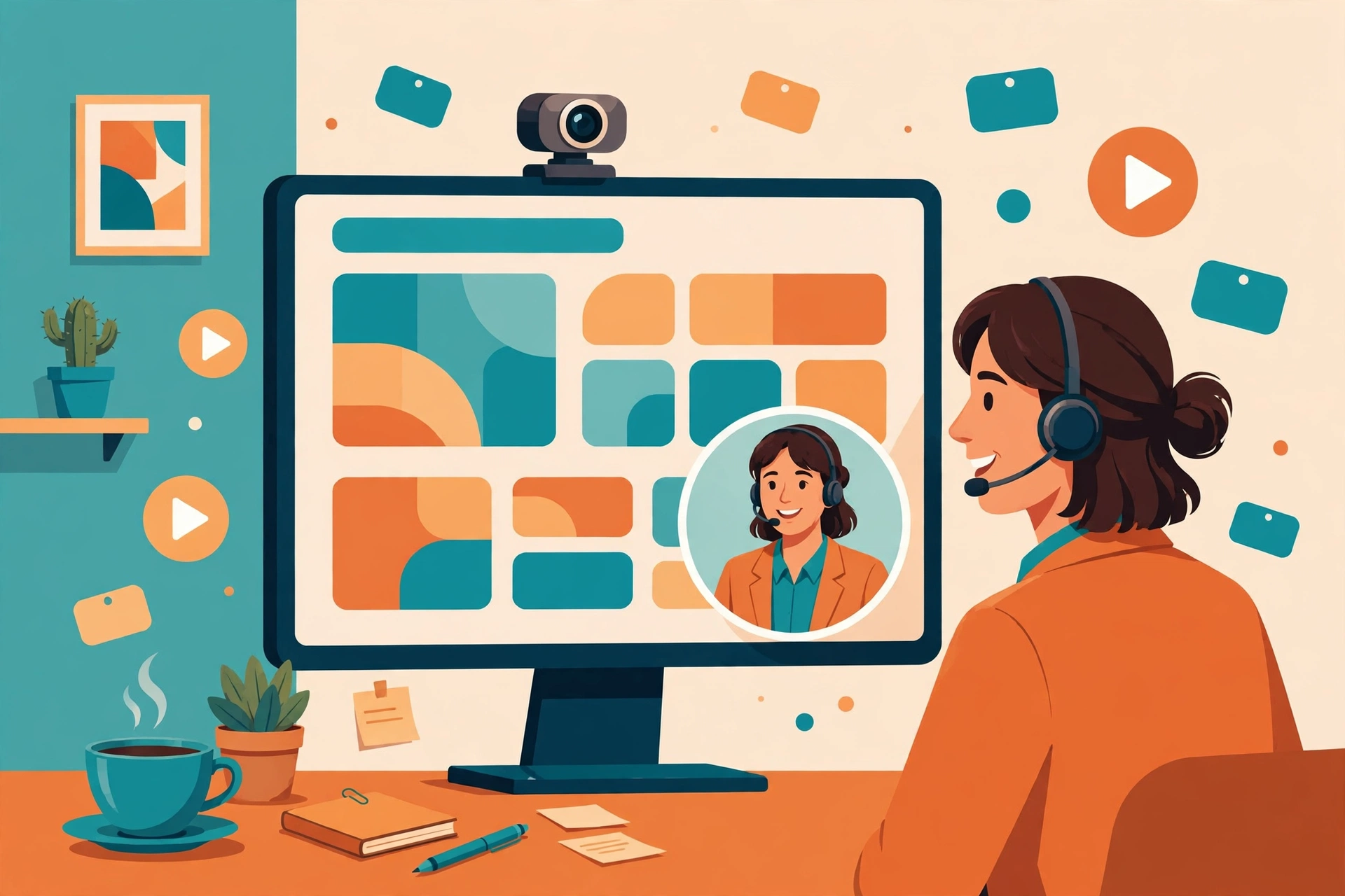 Flat vector illustration of a sales rep at a desk recording a friendly webcam video, the screen showing an abstract prospect company website behind the speaker, with floating video play buttons and personalized name-tag shapes