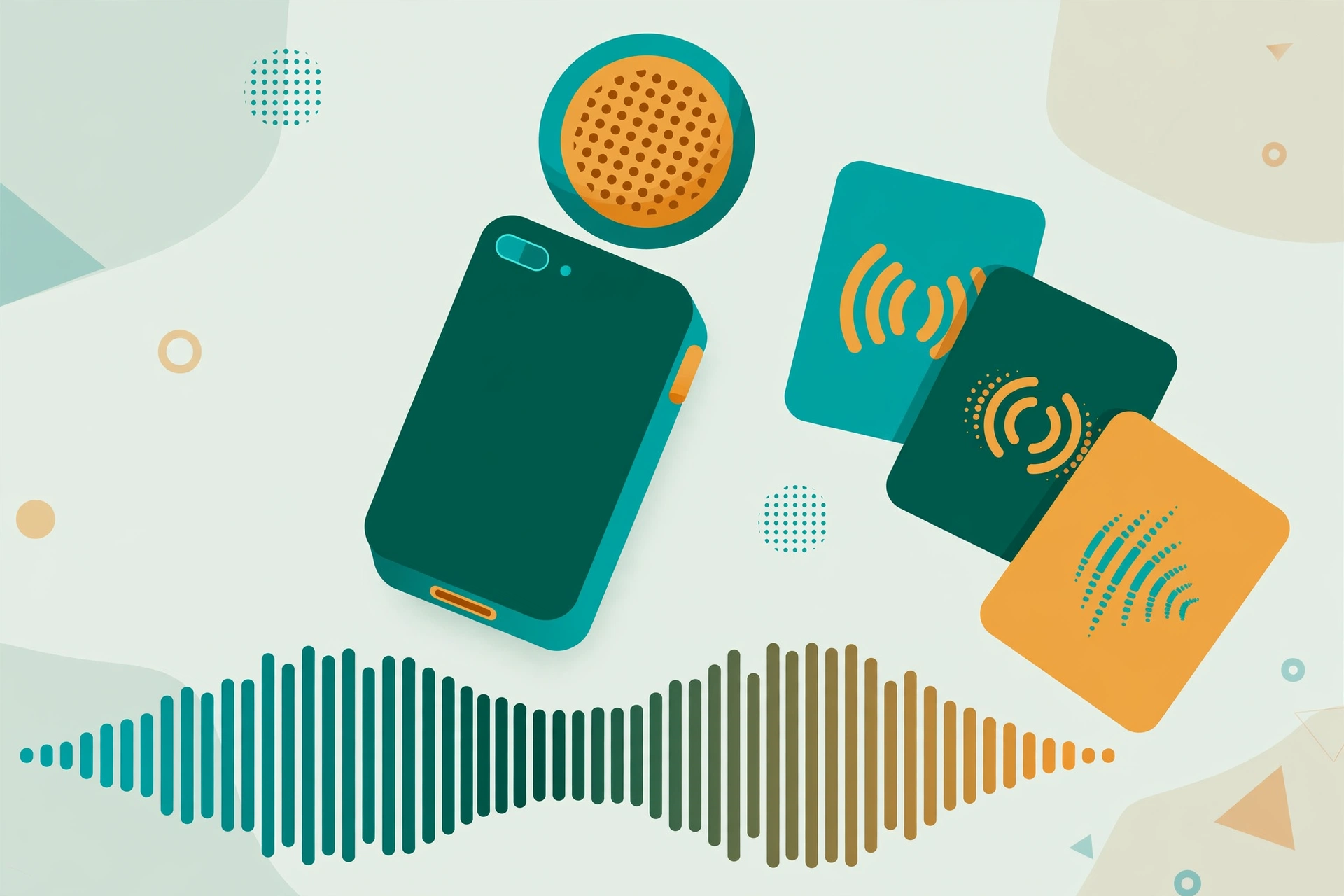 Microphone head over sound-wave bars beside three app cards with abstract voice symbols