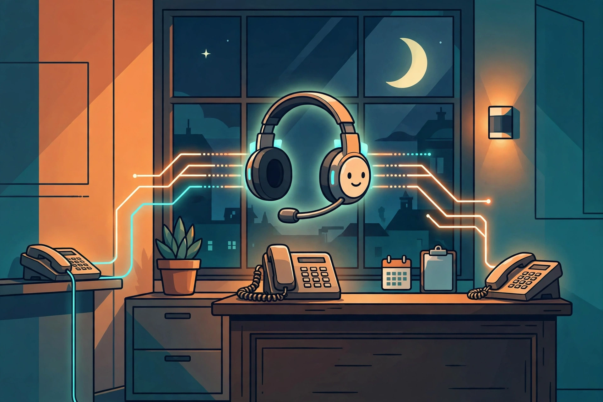 Flat vector illustration of an AI receptionist headset answering business calls at night through a shop window, warm orange and teal colors