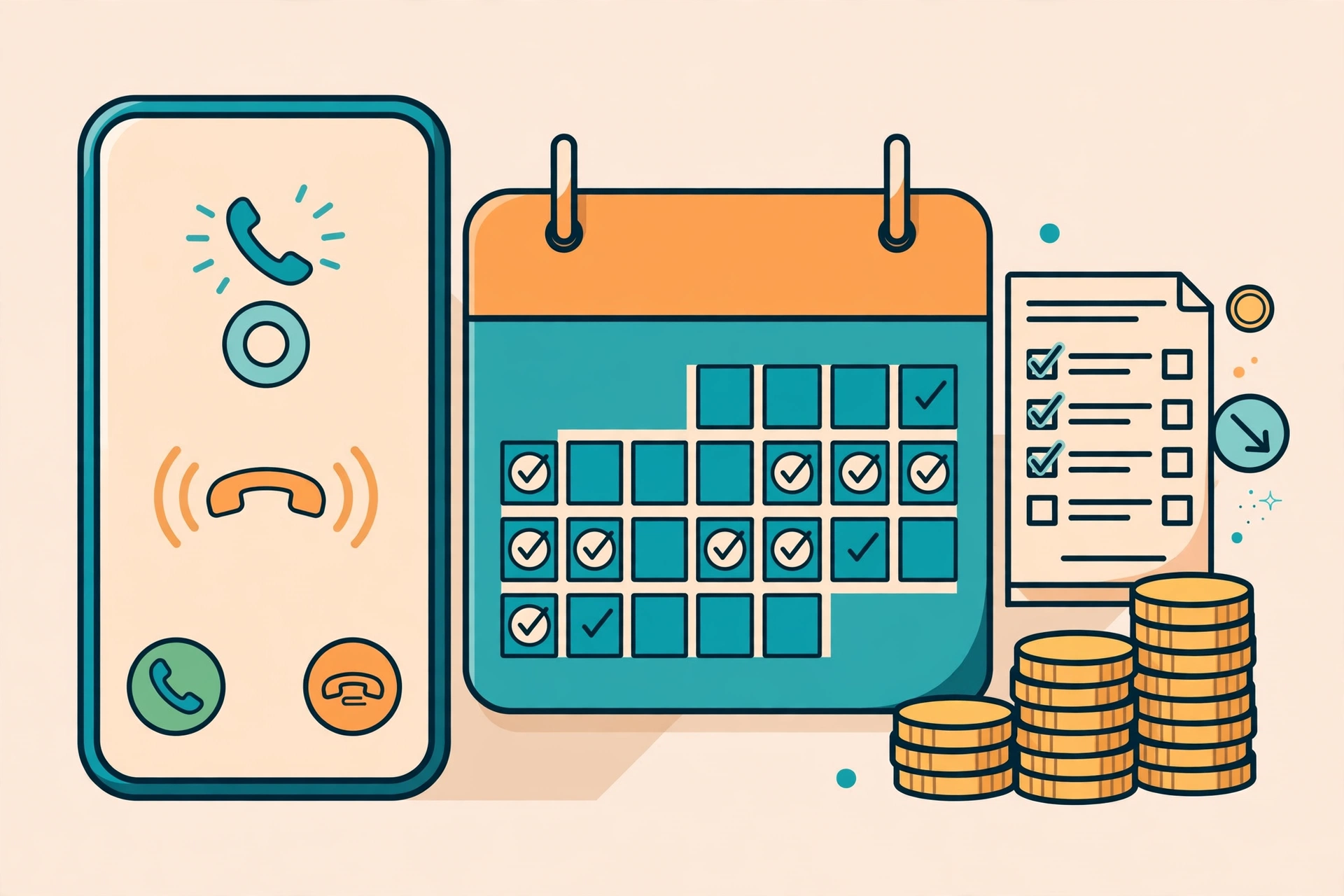 Flat vector illustration of a smartphone call icon next to a wall calendar with appointment checkmarks and stacked coins suggesting cost savings, warm orange and teal colors