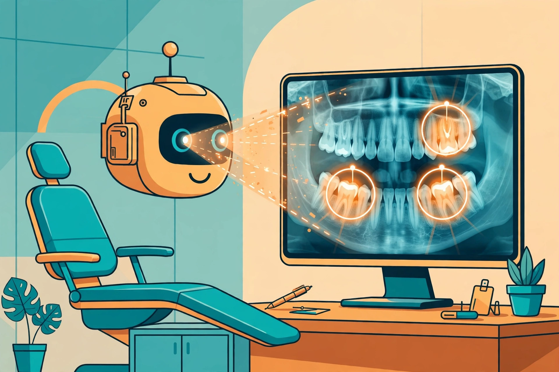 Flat vector illustration of a dental x-ray on a monitor with AI highlight circles and a robot head scanning it beside a dental chair, warm orange and teal colors