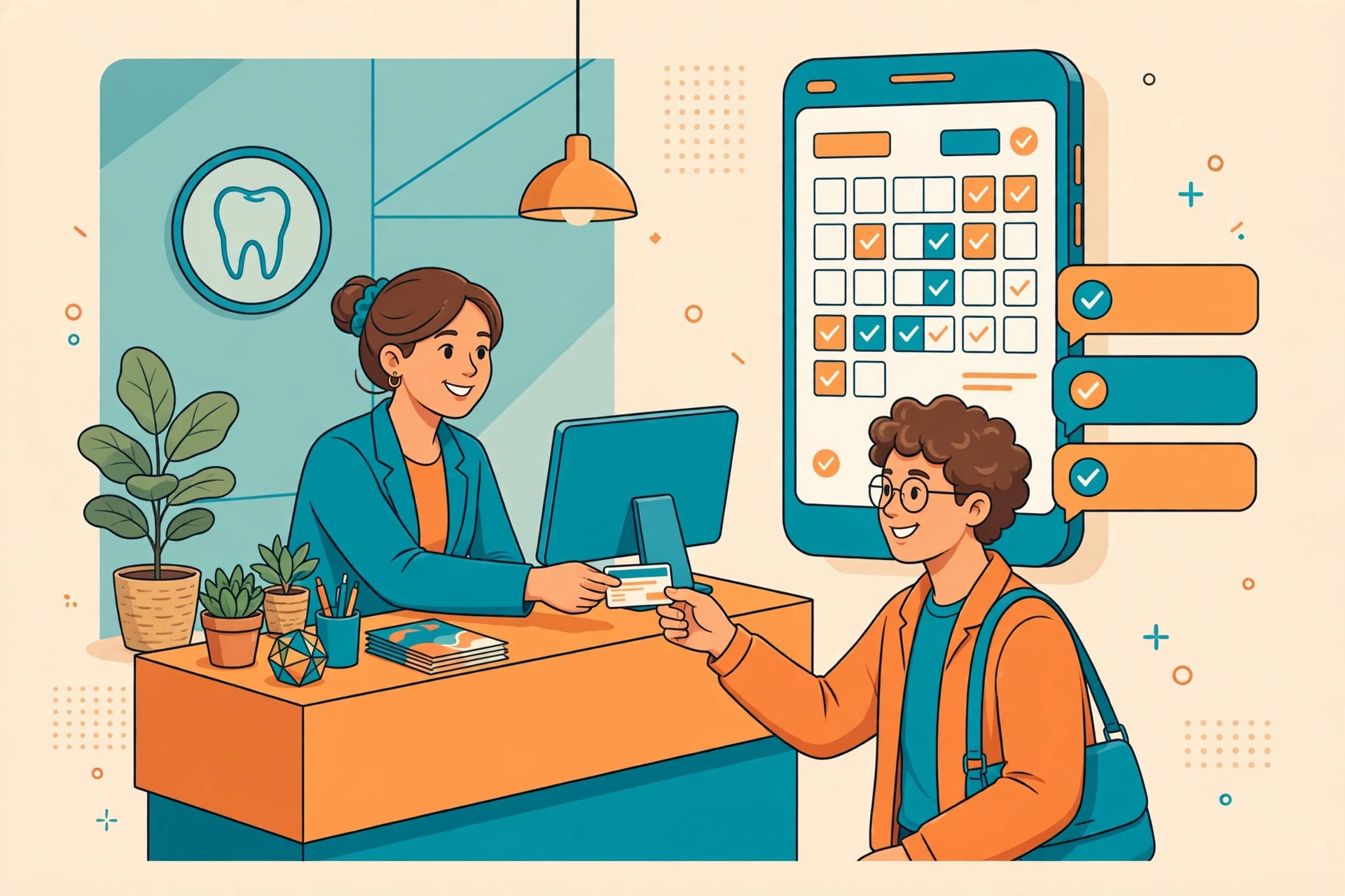 Flat vector illustration of a dental front-office desk with a receptionist handing an appointment card to a patient, smartphone calendar with checkmarks and reminder bubbles, warm orange and teal colors