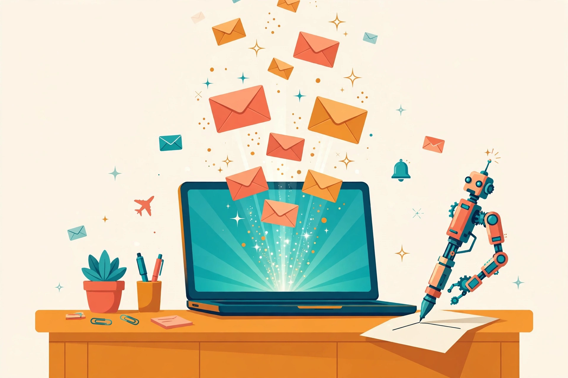 Salesperson's desk with a glowing laptop and floating email envelopes with sparkle icons
