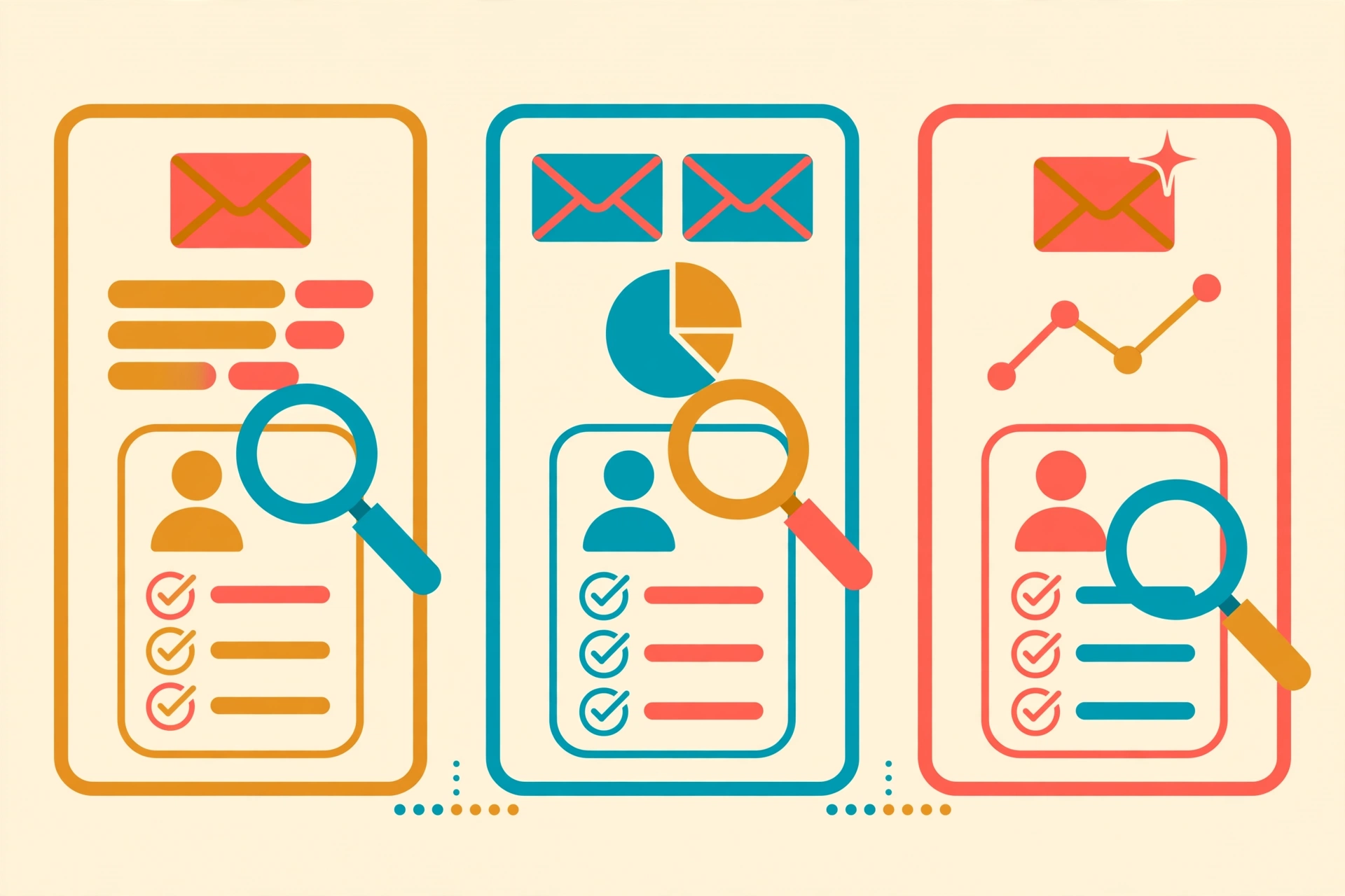 Three abstract dashboards comparing email personalization with a magnifying glass over a profile card