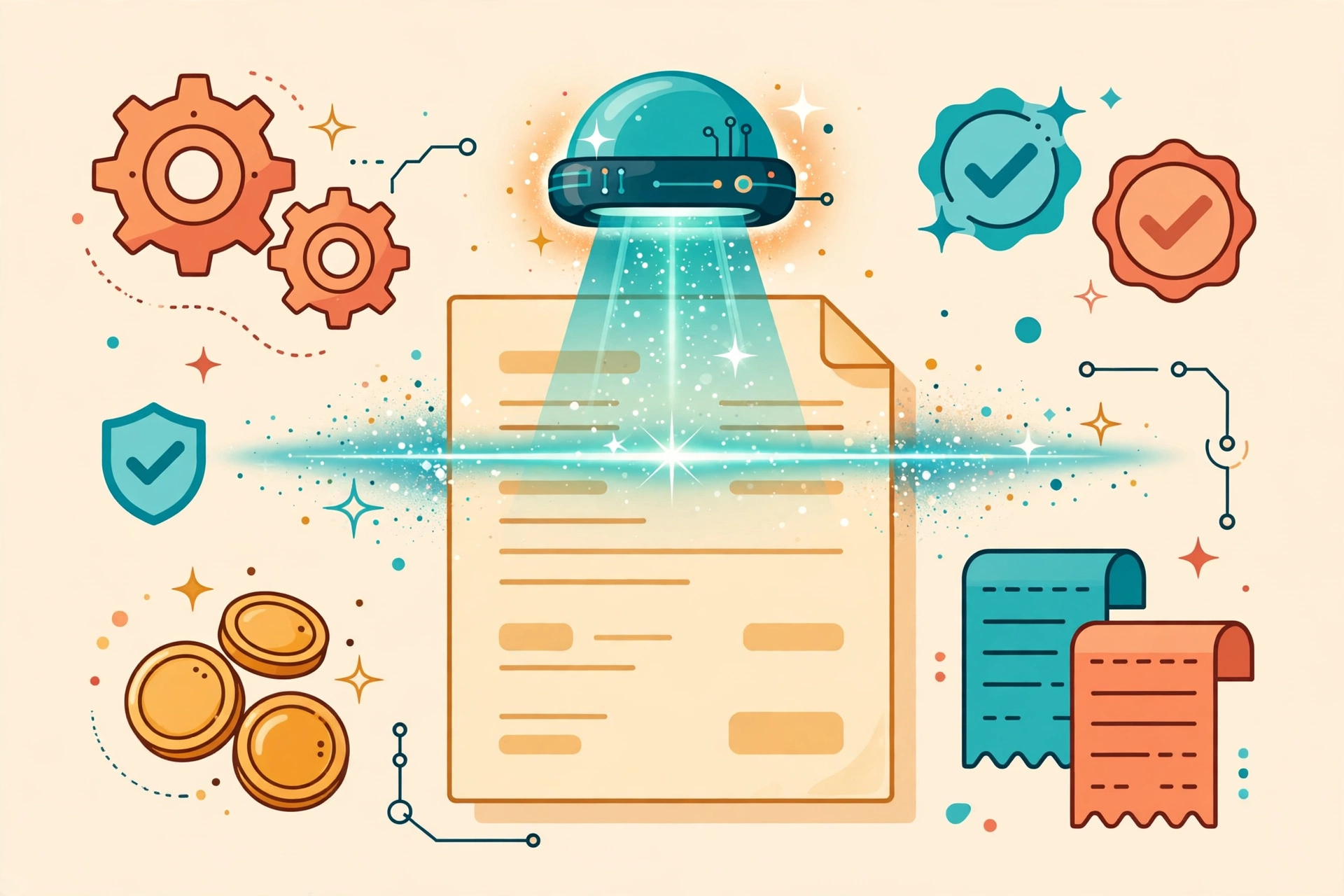 Paper invoice with a glowing AI spark scanning over it, gears and checkmark badges