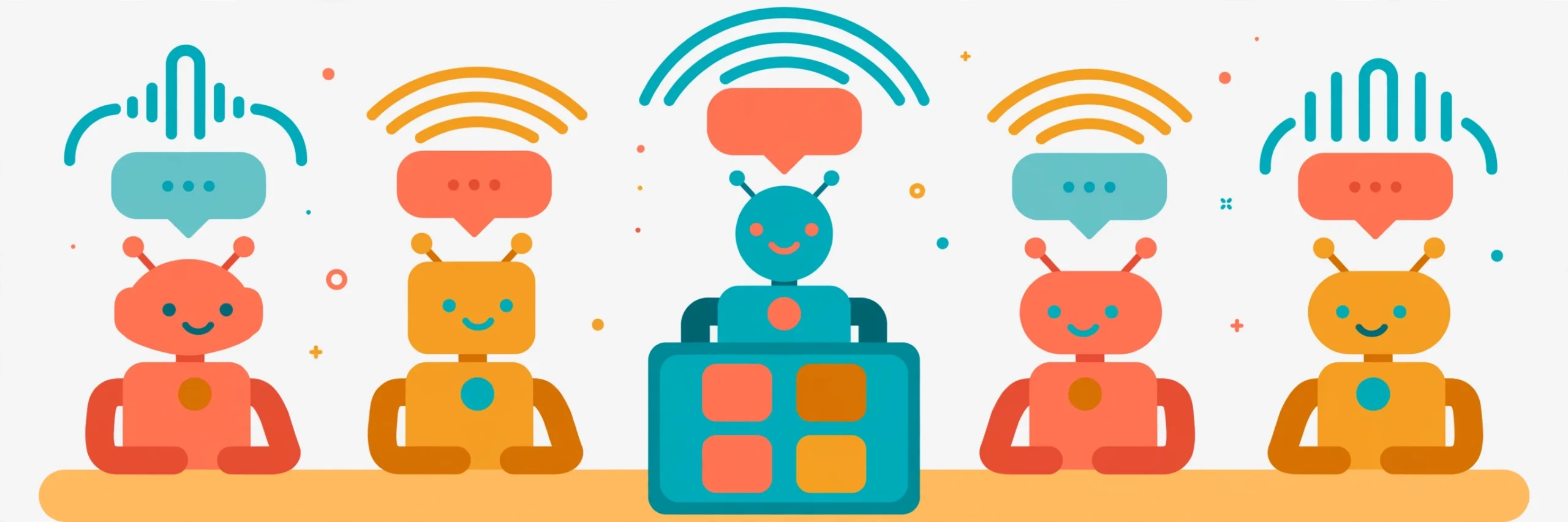 Flat vector illustration of AI meeting assistant avatars gathered around a video call interface with speech bubbles and audio waveforms