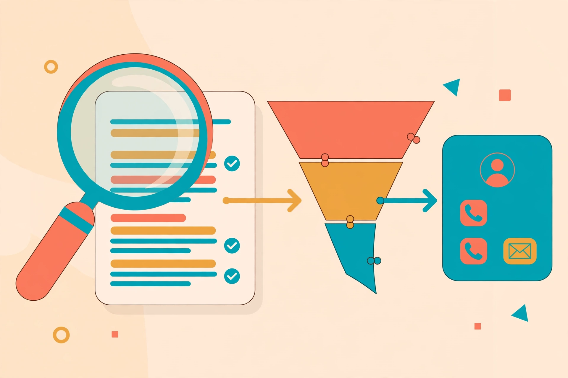 Magnifying glass over a searchable meeting transcript with highlighted keywords, feeding into a CRM pipeline card
