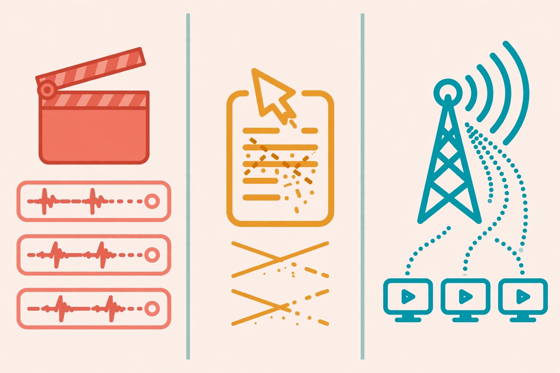 Split workflow illustration: a clapperboard capturing separate local tracks, a cursor deleting transcript words, and a broadcast tower streaming live