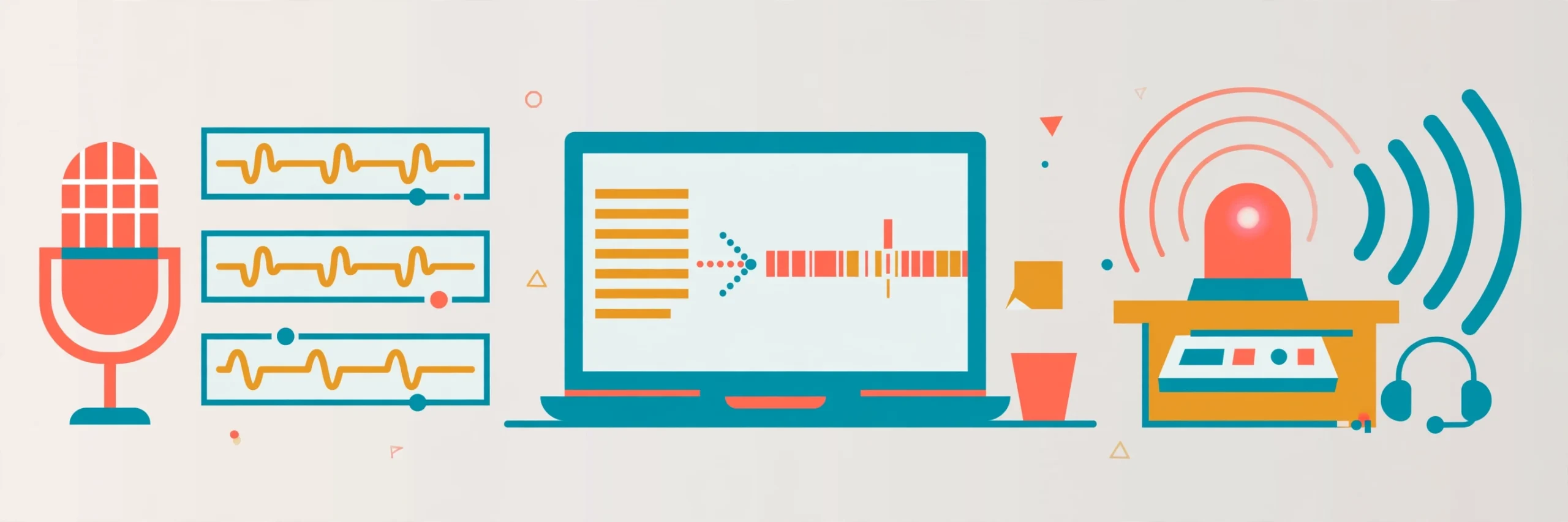 Flat vector illustration of three creator workstations: podcast microphone with separate tracks, laptop with text-to-video editing, and a live broadcast desk