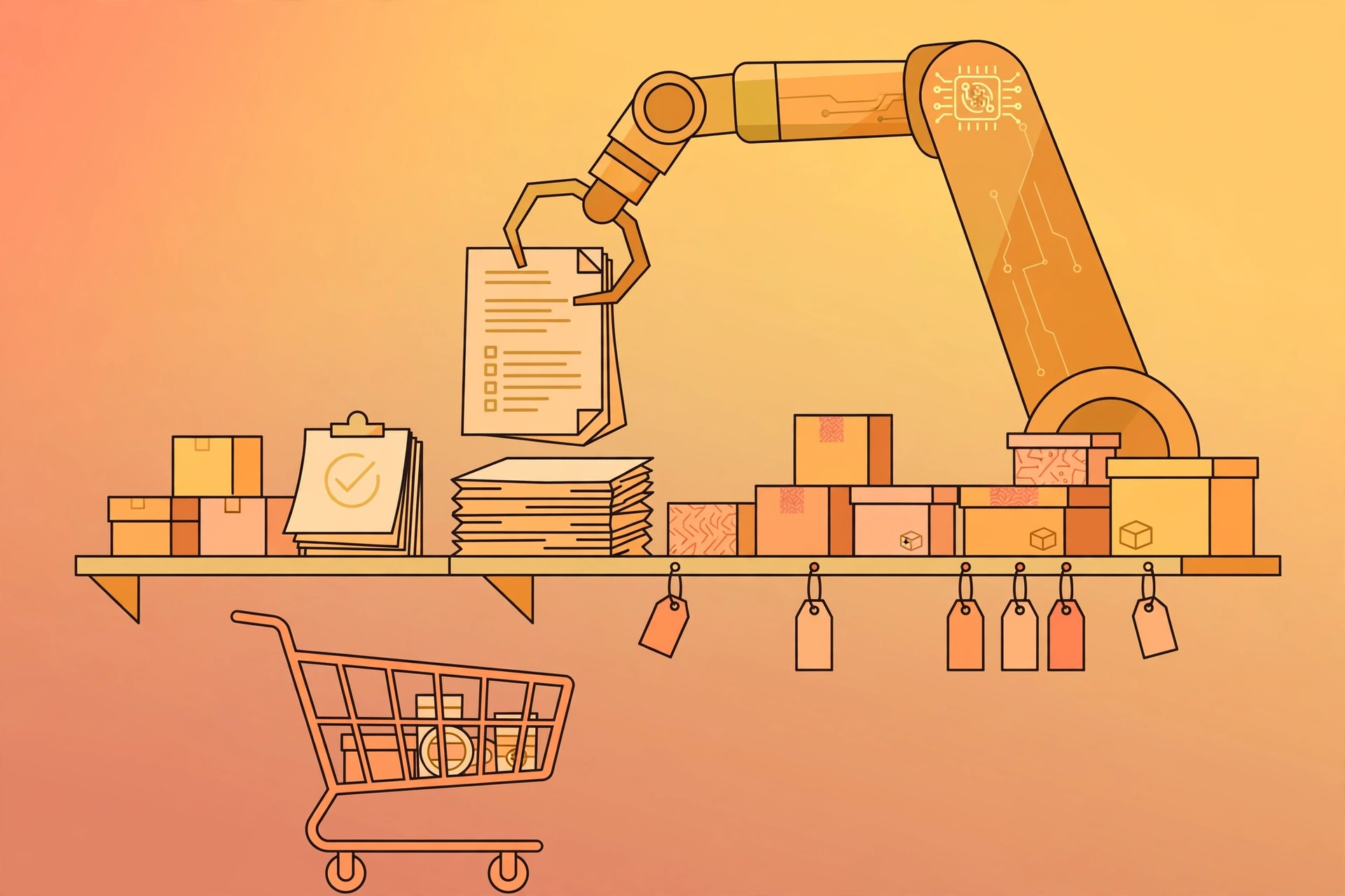 AI robot assembling ecommerce product description documents over a store shelf